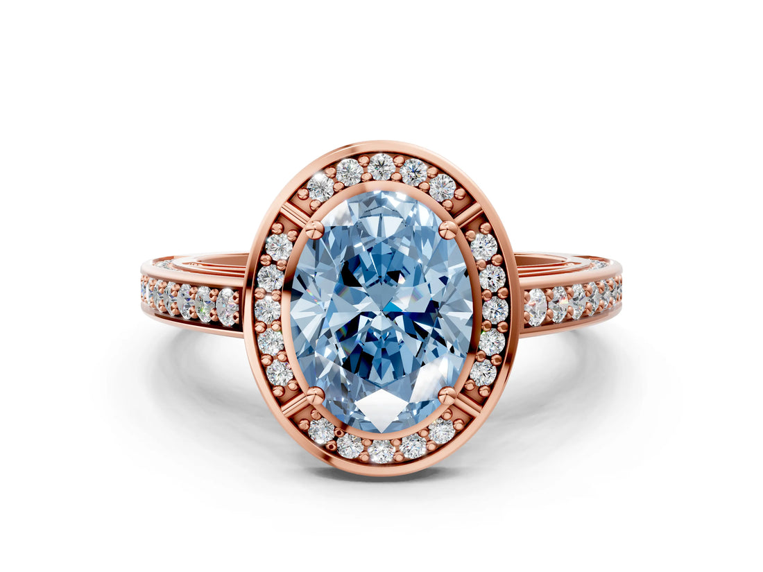 Rose gold Fancy Blue Oval  Cut Halo Pave Split Shank Prong Setting Ring_33