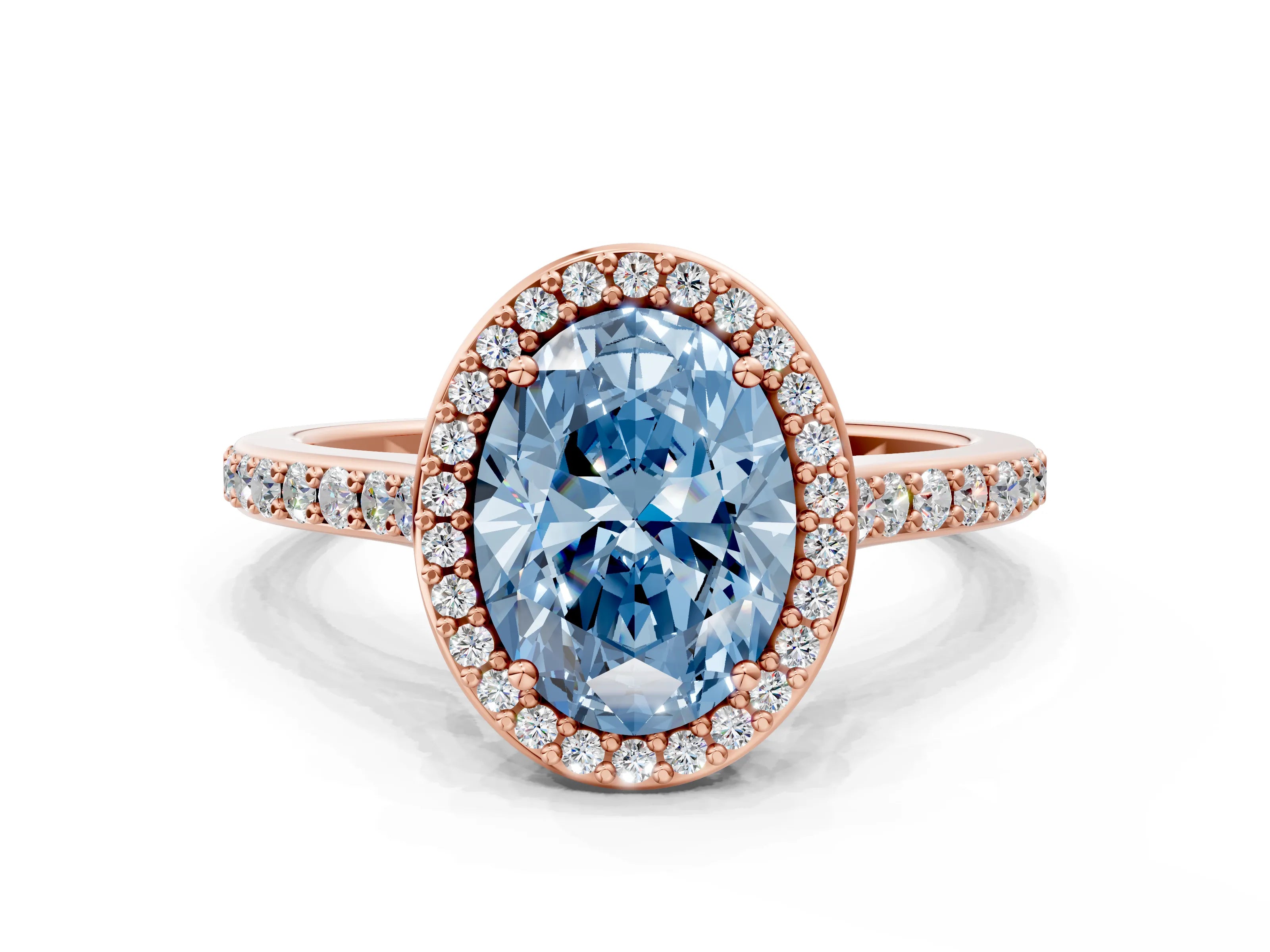 Rose gold Fancy Blue Oval Cut Halo Round Diamond Pavé Band with Four-Prong Setting_3