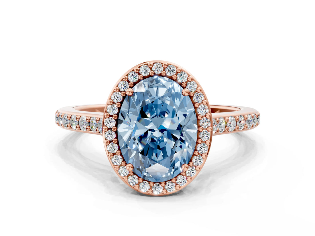 Rose gold Fancy Blue Oval Cut Halo Round Diamond Pavé Band with Four-Prong Setting_3
