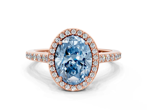 Rose gold Fancy Blue Oval Cut Halo Round Diamond Pavé Band with Four-Prong Setting
