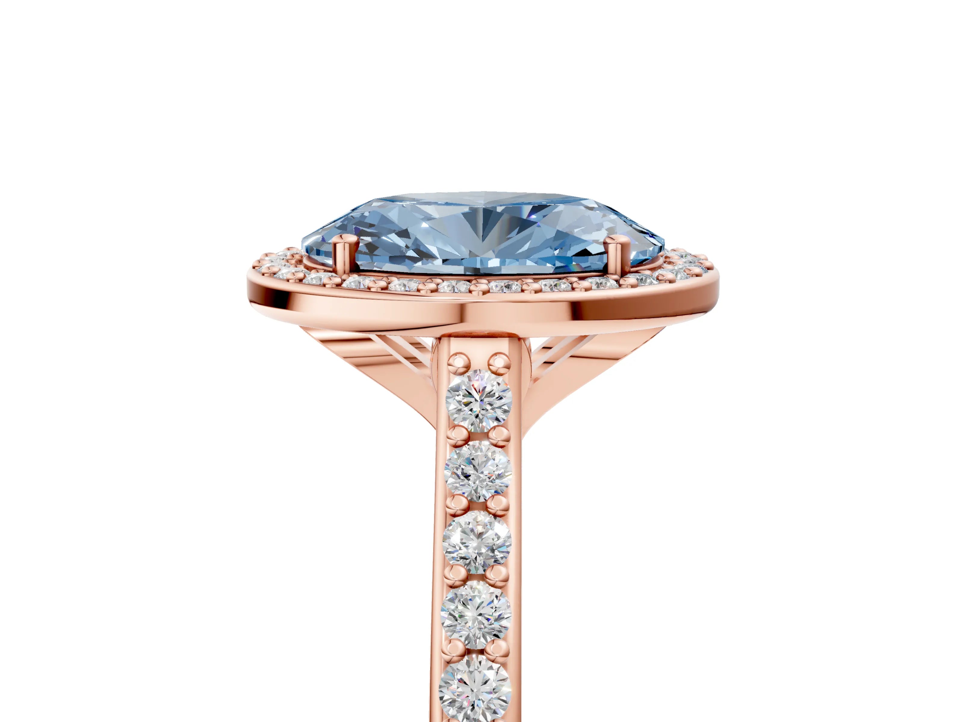 Rose gold Fancy Blue Oval Cut Halo Round Diamond Pavé Band with Four-Prong Setting_8