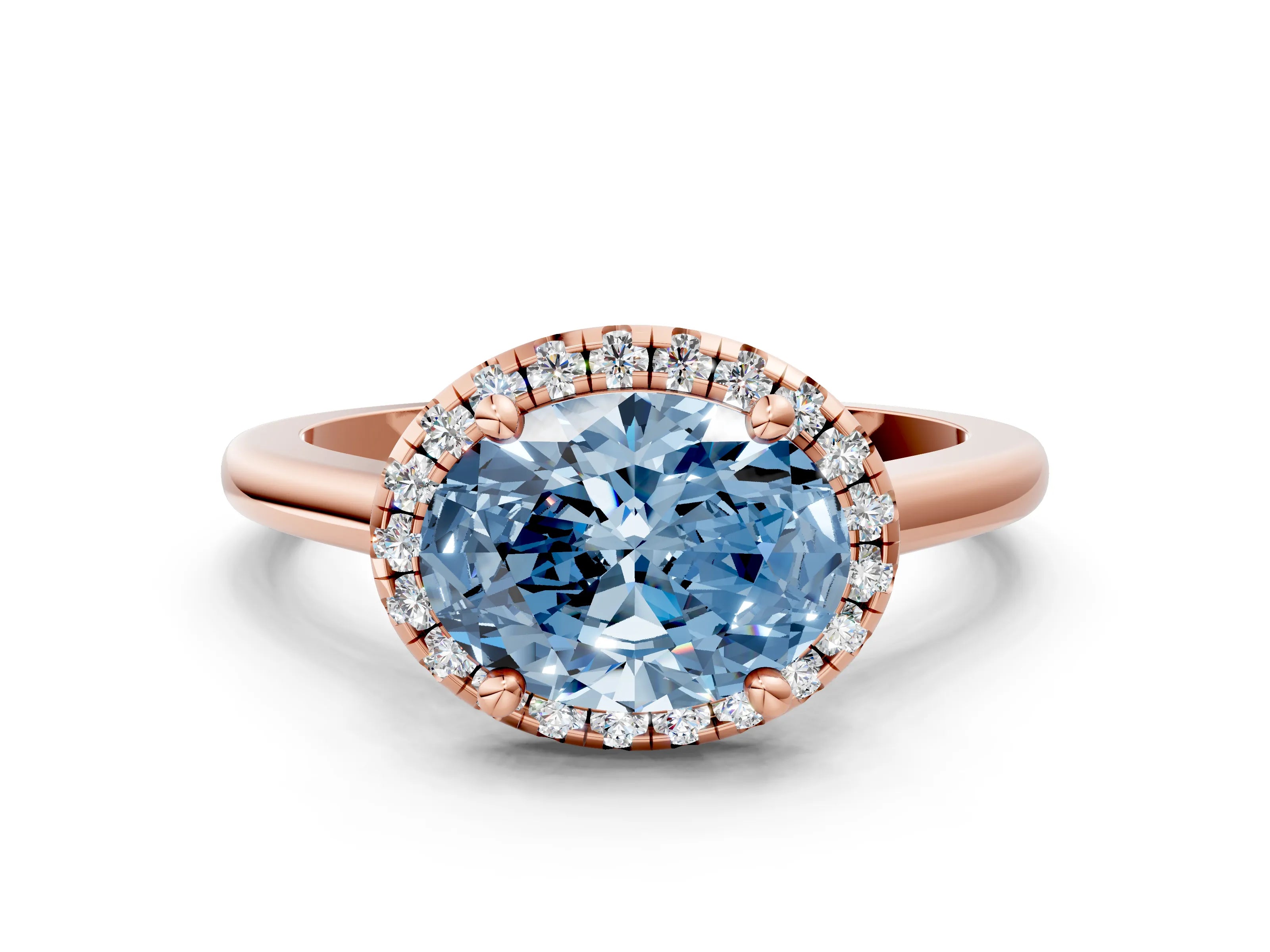 Rose gold Fancy Blue Oval Cut Halo Round Diamond Solitaire Engagement Ring with Pave Band and Four-Prong Setting_12