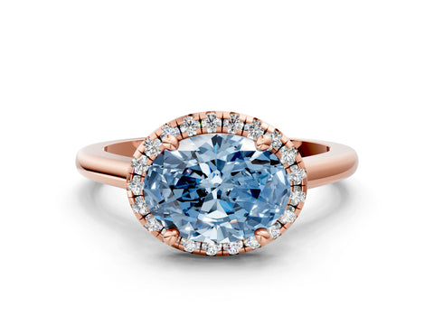 Rose gold Fancy Blue Oval Cut Halo Round Diamond Solitaire Engagement Ring with Pave Band and Four-Prong Setting_12
