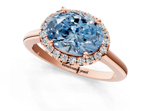 Rose gold Fancy Blue Oval Cut Halo Round Diamond Solitaire Engagement Ring with Pave Band and Four-Prong Setting_13