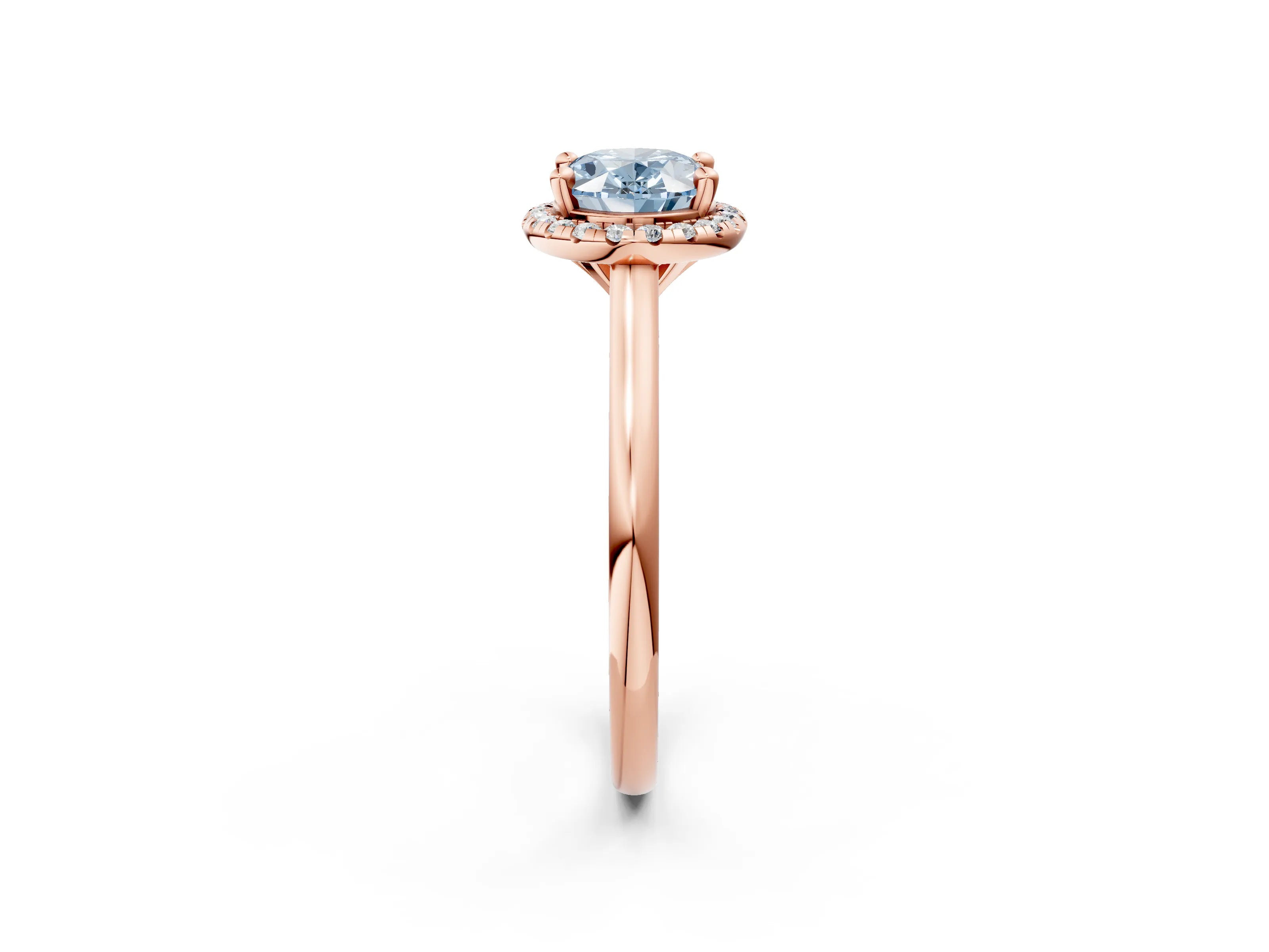 Rose gold Fancy Blue Oval Cut Halo Round Diamond Solitaire Engagement Ring with Pave Band and Four-Prong Setting_14