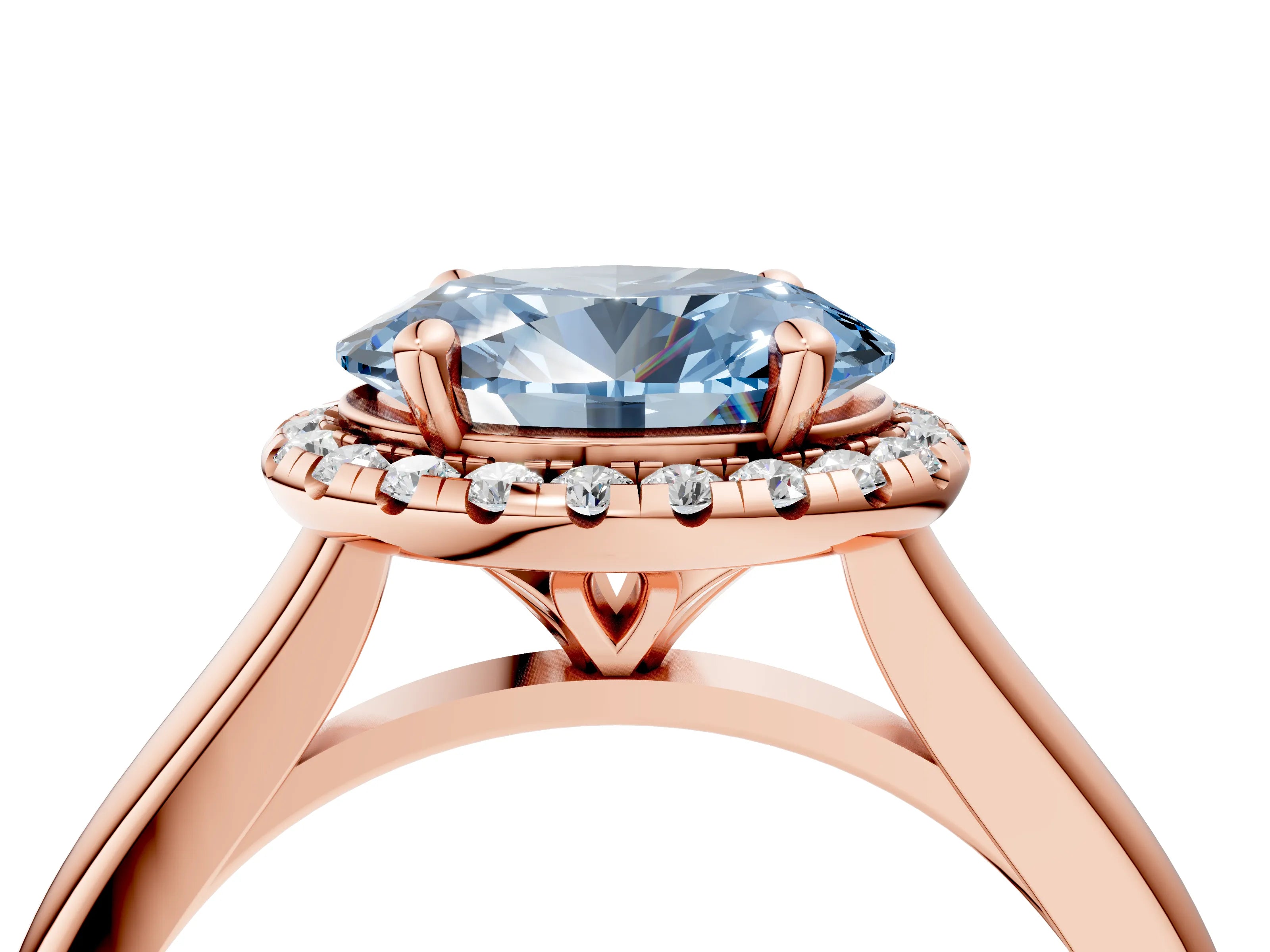 Rose gold Fancy Blue Oval Cut Halo Round Diamond Solitaire Engagement Ring with Pave Band and Four-Prong Setting_16