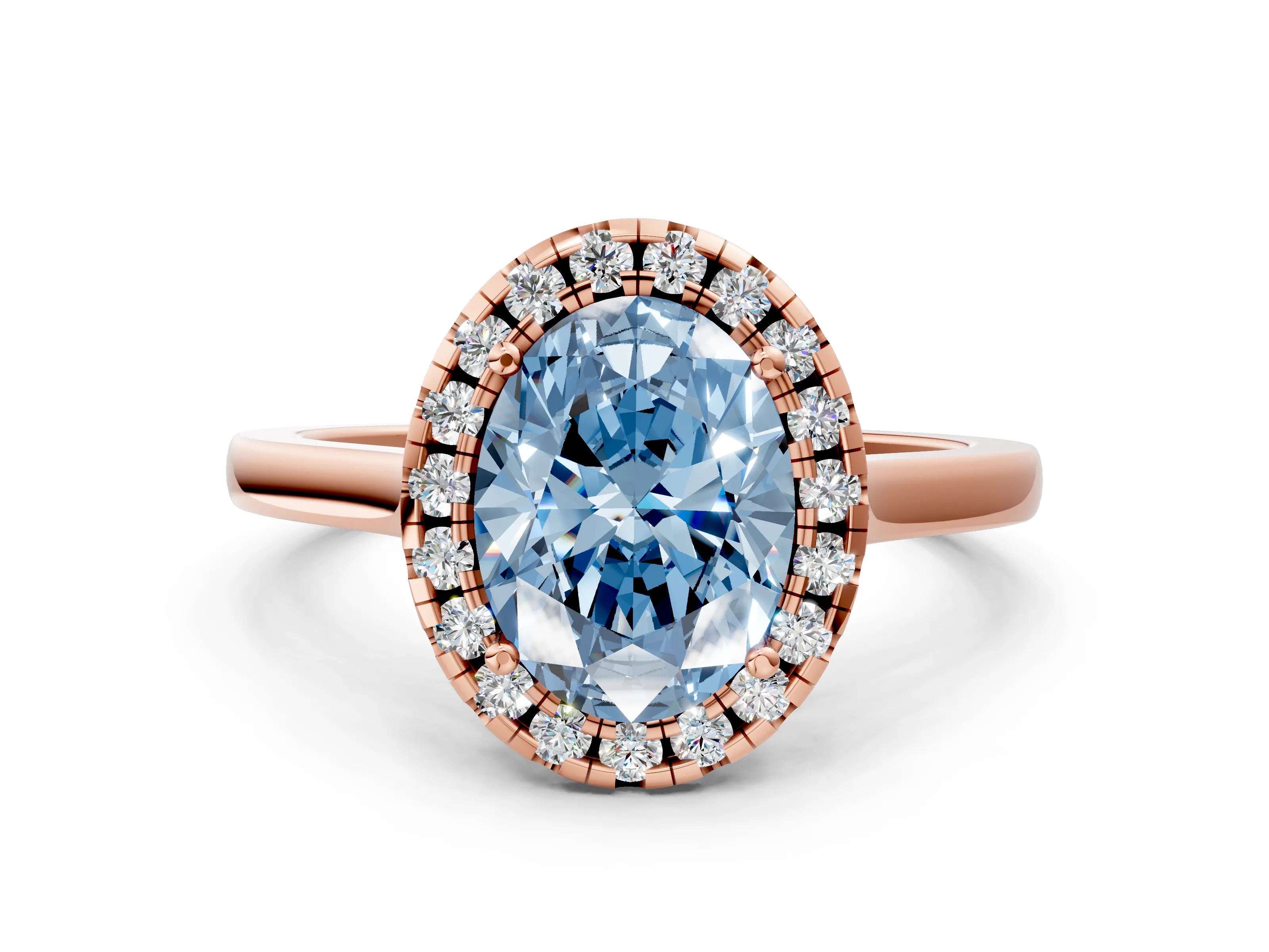Rose gold Fancy Blue Oval Cut Halo Round Diamond Solitaire Ring with Pavé Band and Four-Prong Setting