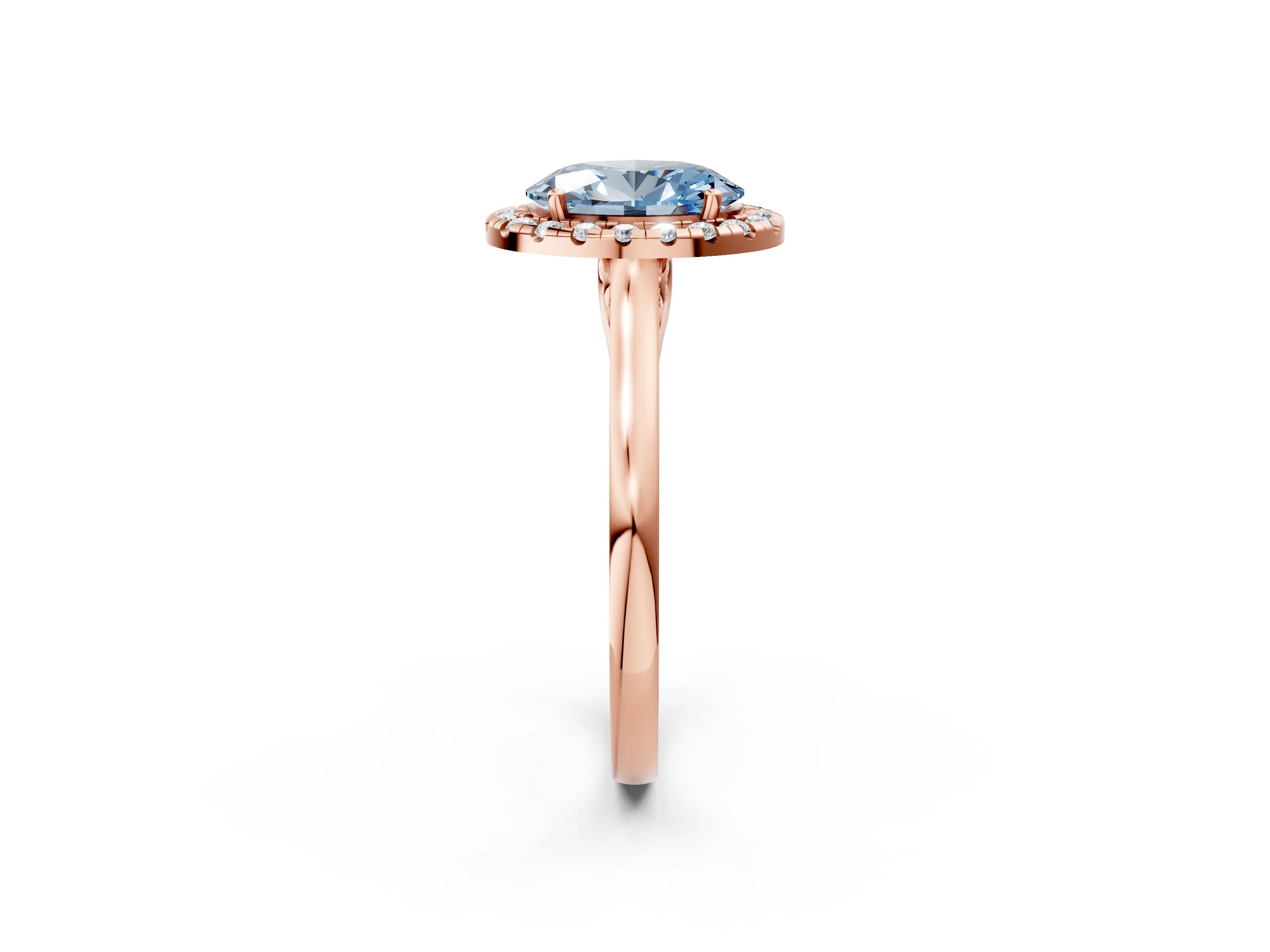 Rose gold Fancy Blue Oval Cut Halo Round Diamond Solitaire Ring with Pavé Band and Four-Prong Setting_2