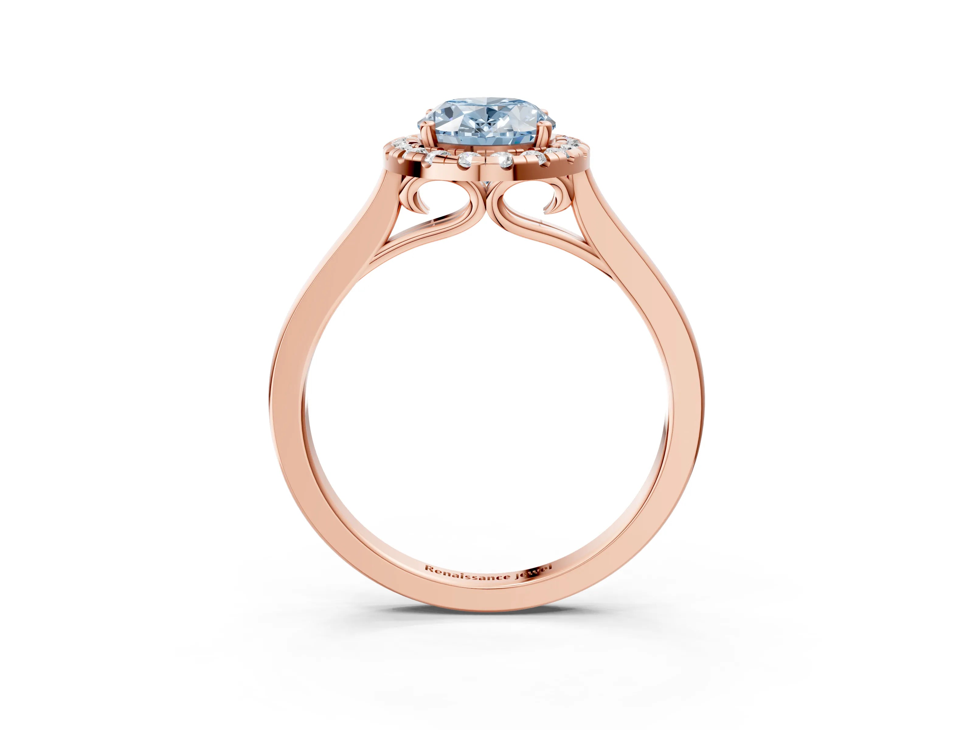 Rose gold Fancy Blue Oval Cut Halo Round Diamond Solitaire Ring with Pavé Band and Four-Prong Setting_3
