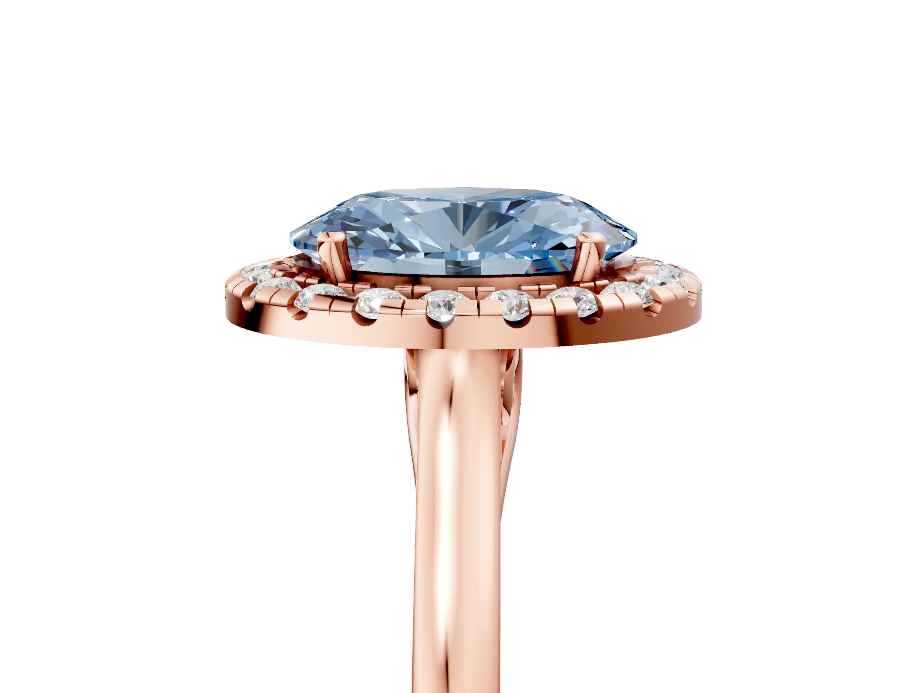 Rose gold Fancy Blue Oval Cut Halo Round Diamond Solitaire Ring with Pavé Band and Four-Prong Setting_5