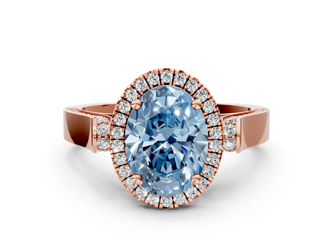 Rose gold Fancy Blue Oval Cut Halo Round Diamond Twist Band with Four-Prong Setting