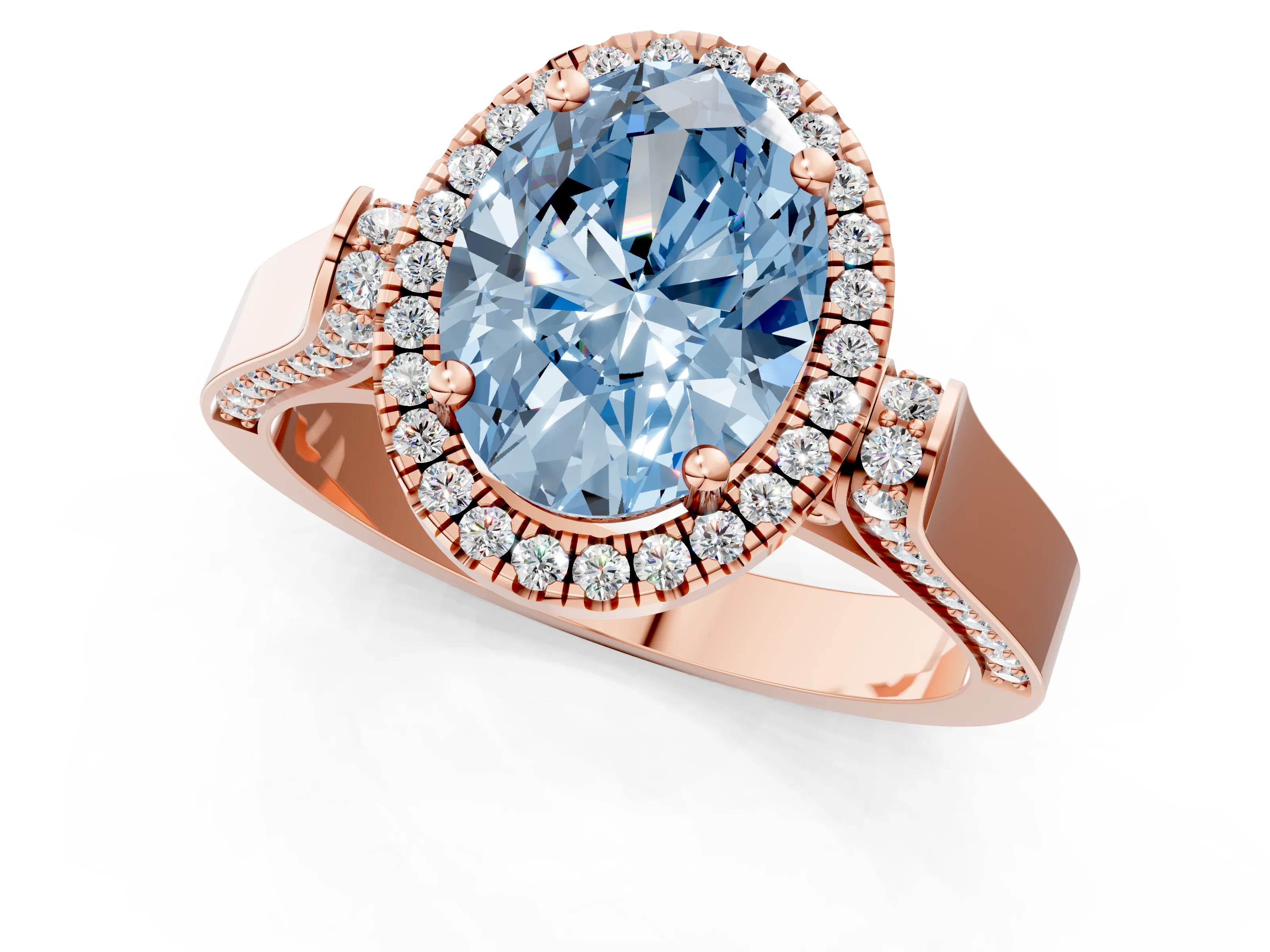 Rose gold Fancy Blue Oval Cut Halo Round Diamond Twist Band with Four-Prong Setting_1