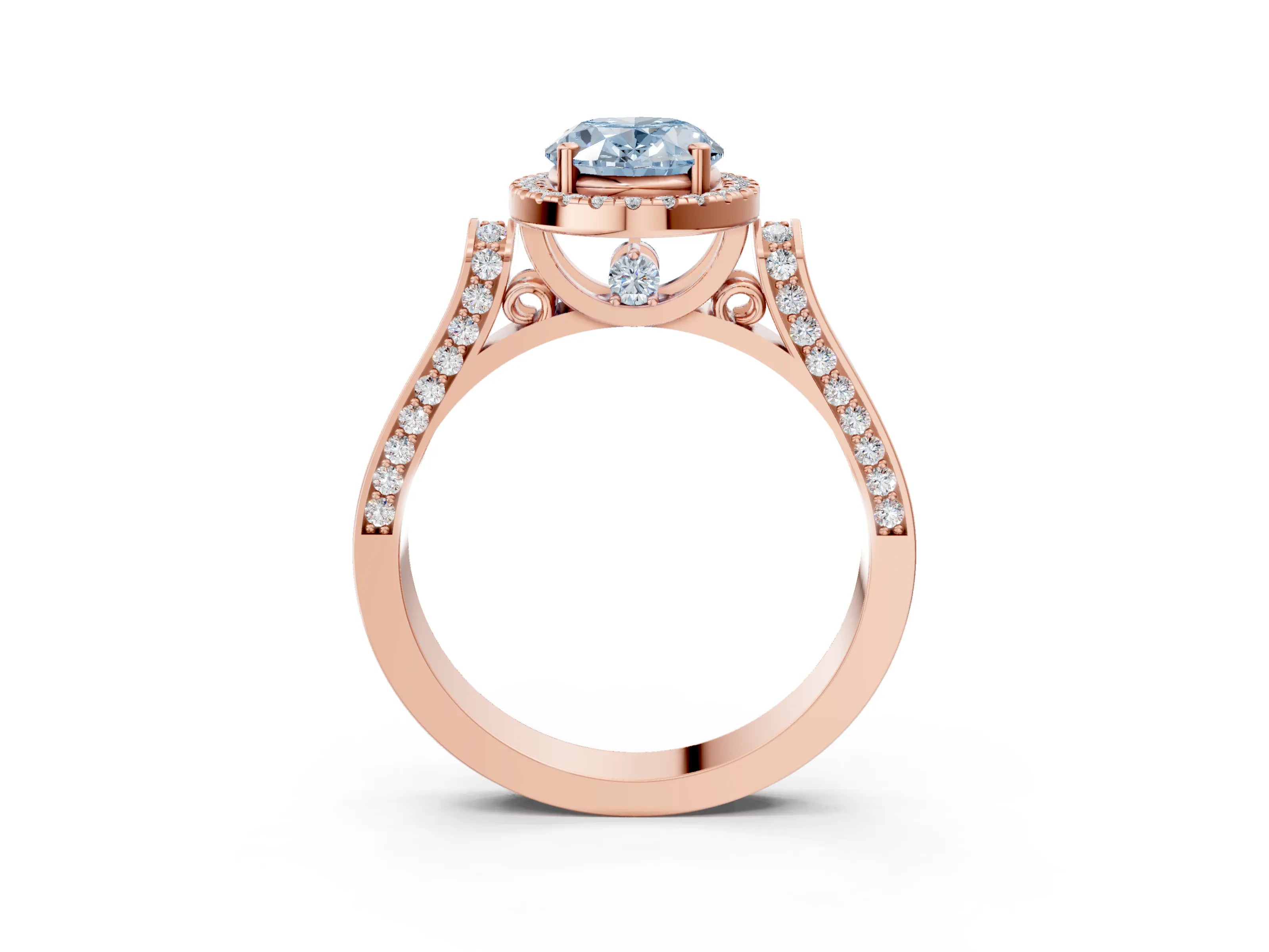 Rose gold Fancy Blue Oval Cut Halo Round Diamond Twist Band with Four-Prong Setting_3