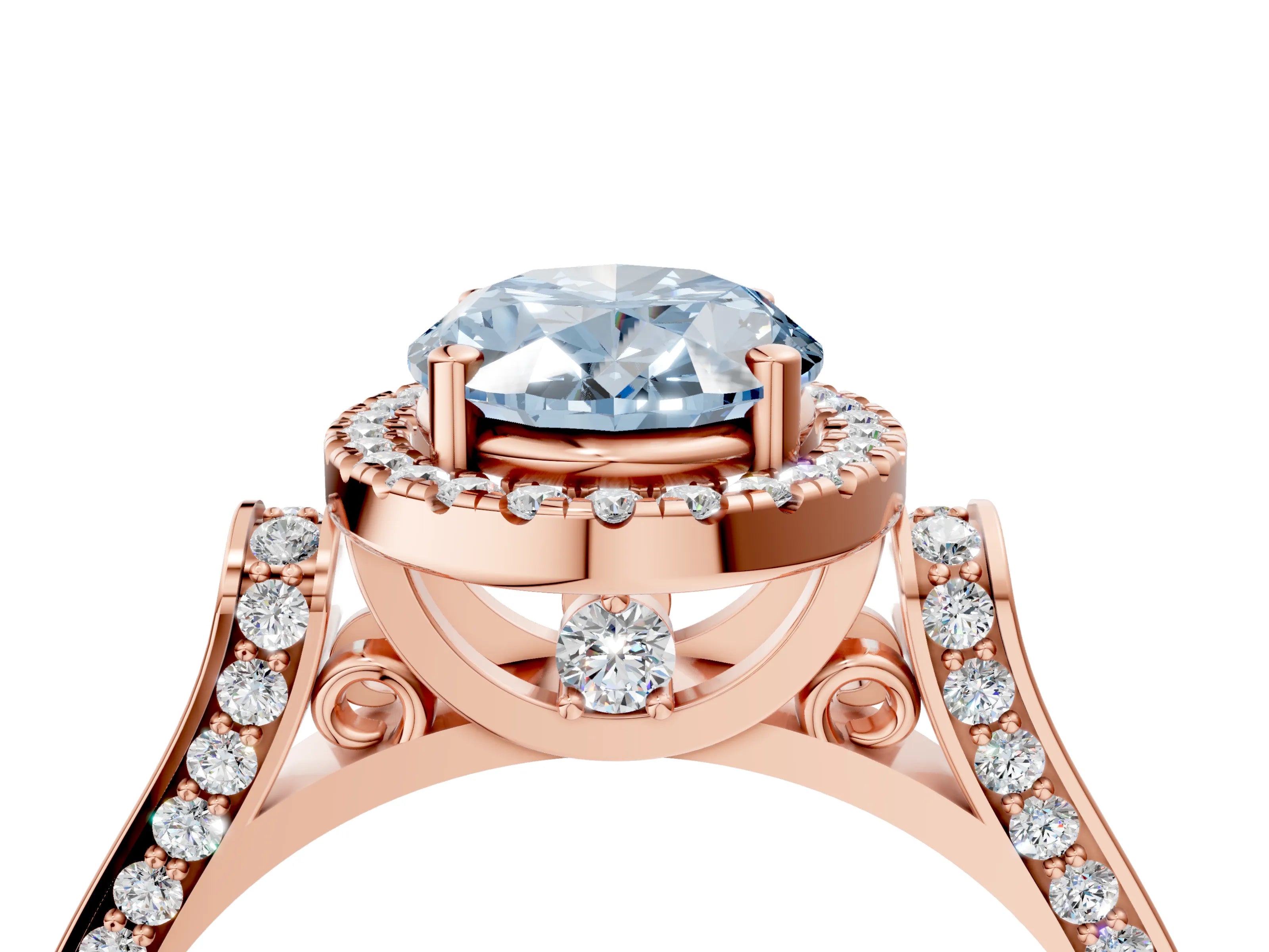 Rose gold Fancy Blue Oval Cut Halo Round Diamond Twist Band with Four-Prong Setting_4