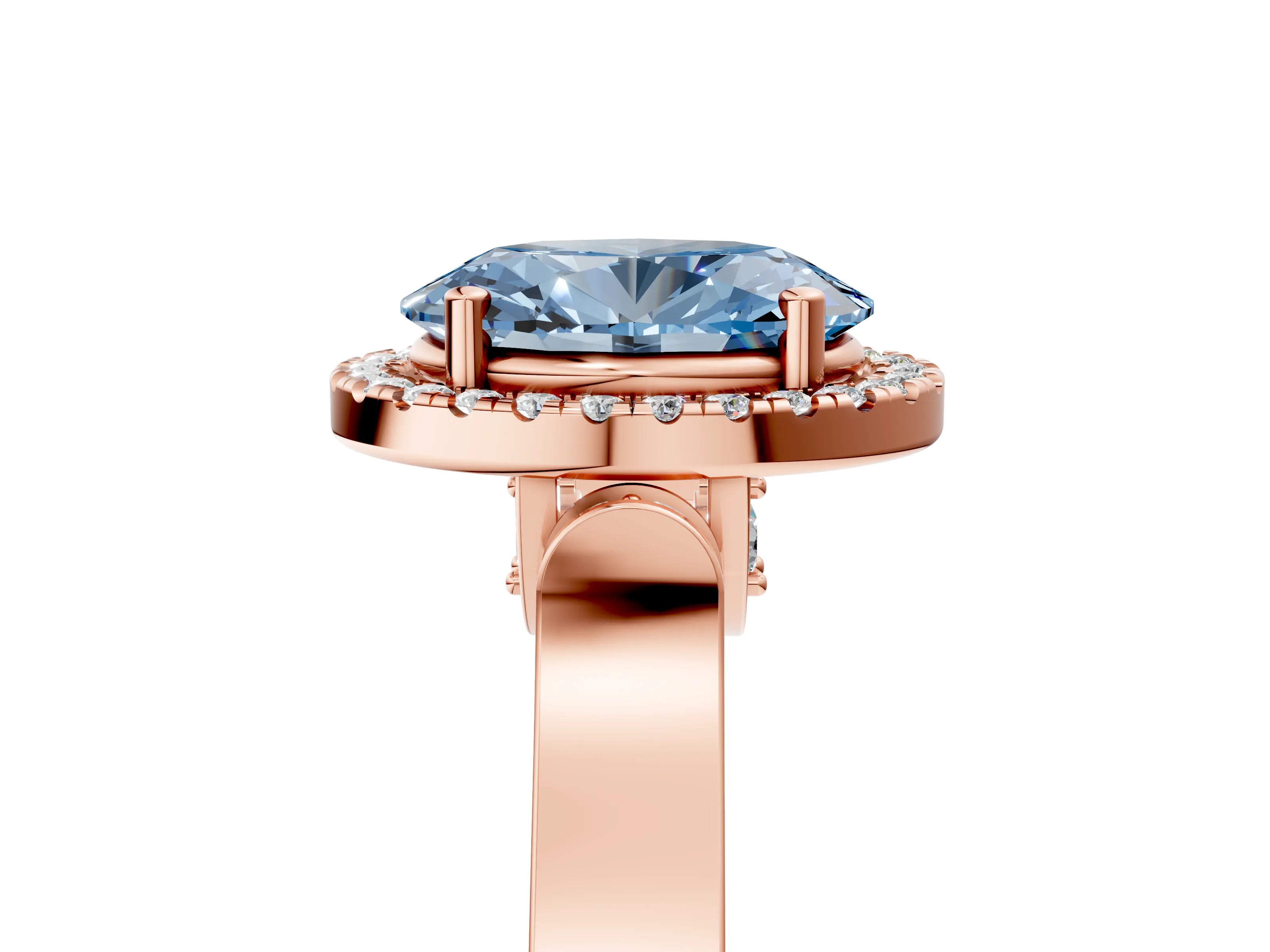 Rose gold Fancy Blue Oval Cut Halo Round Diamond Twist Band with Four-Prong Setting_5