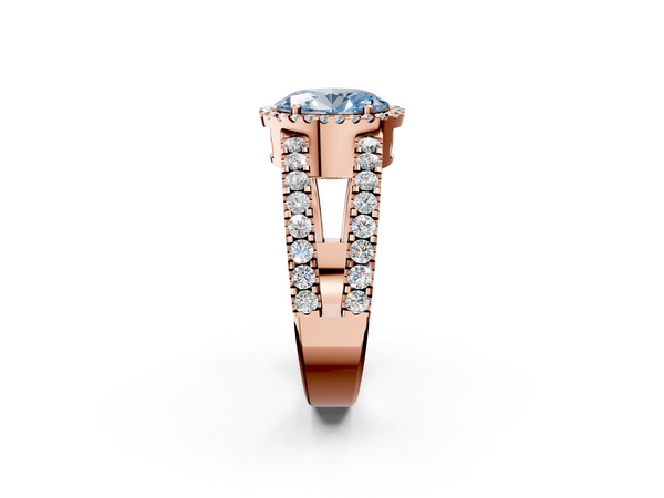 Rose gold Fancy Blue Oval  Cut Halo Split Shank Diamond Ring with Four-Prong Setting