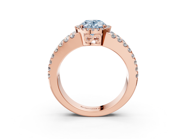 Rose gold Fancy Blue Oval  Cut Halo Split Shank Diamond Ring with Four-Prong Setting