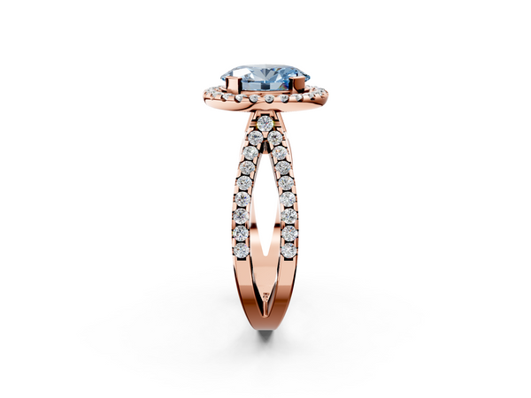 Rose gold Fancy Blue Oval Cut Diamond Halo Ring with Split Shank Pavé Band and Prong Setting
