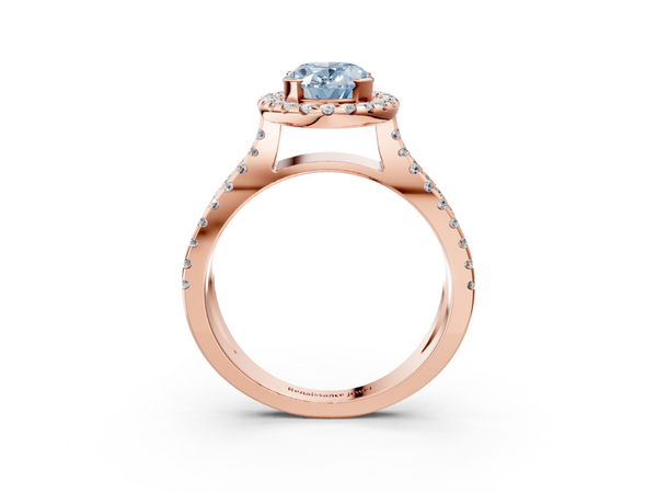 Rose gold Fancy Blue Oval Cut Diamond Halo Ring with Split Shank Pavé Band and Prong Setting