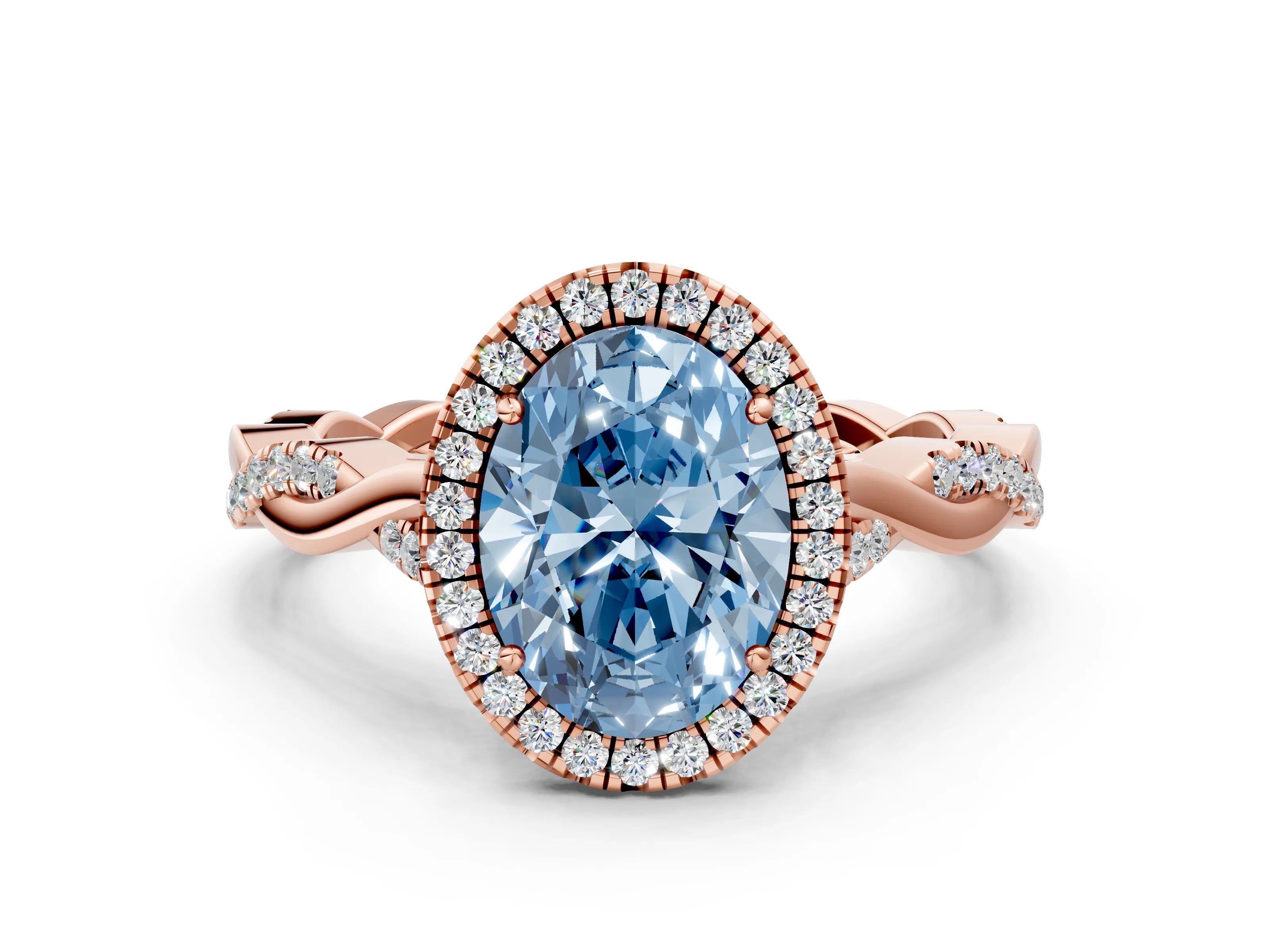 Rose gold Fancy Blue Oval Cut Halo Twist Band with Four-Prong Setting_12