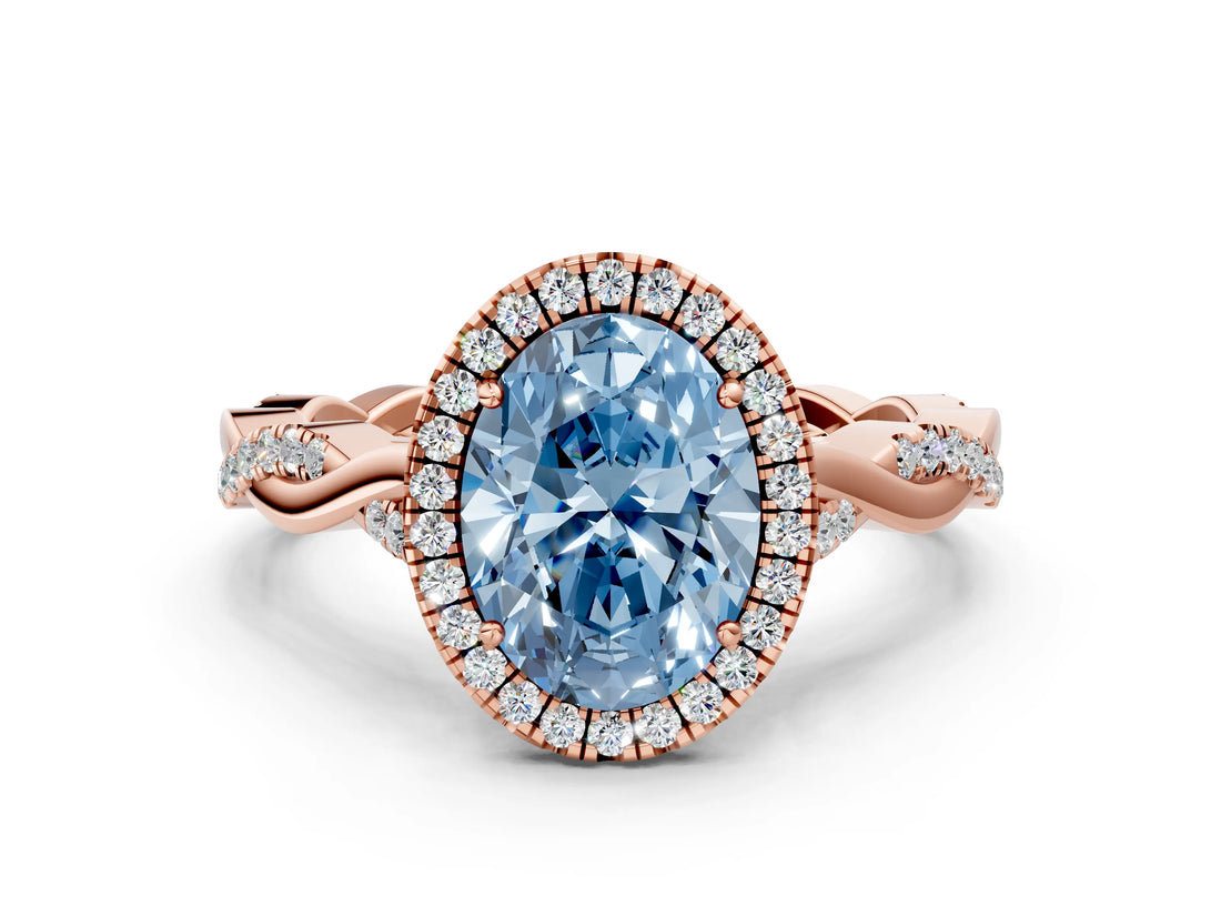 Rose gold Fancy Blue Oval Cut Halo Twist Band with Four-Prong Setting_12