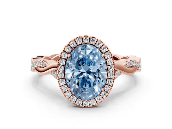 Rose Gold Oval Interwoven Twist Halo Engagement Ring Setting for Fancy Blue Center