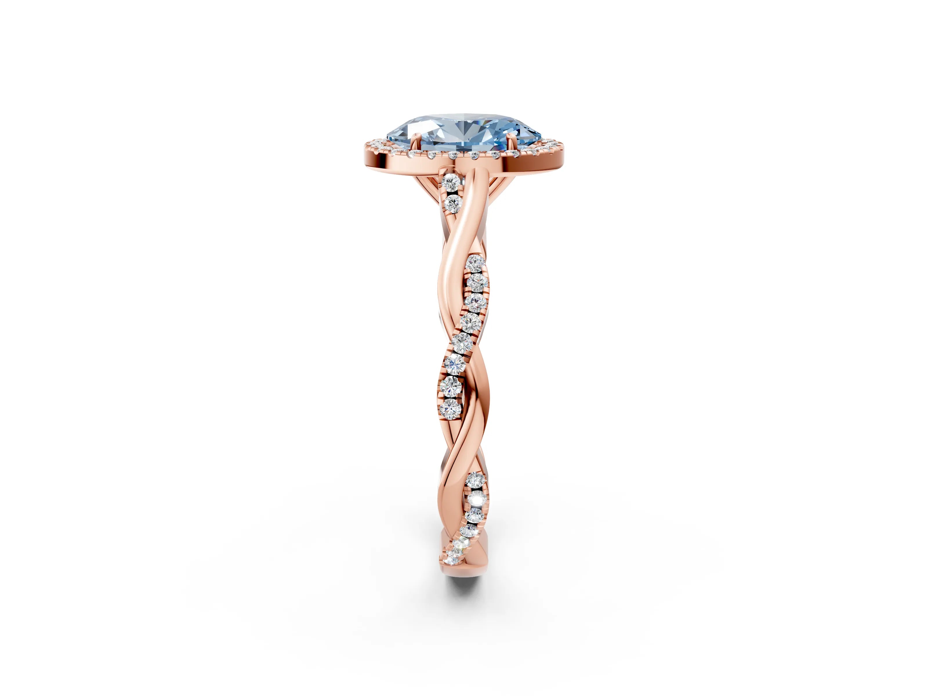Rose gold Fancy Blue Oval Cut Halo Twist Band with Four-Prong Setting_14