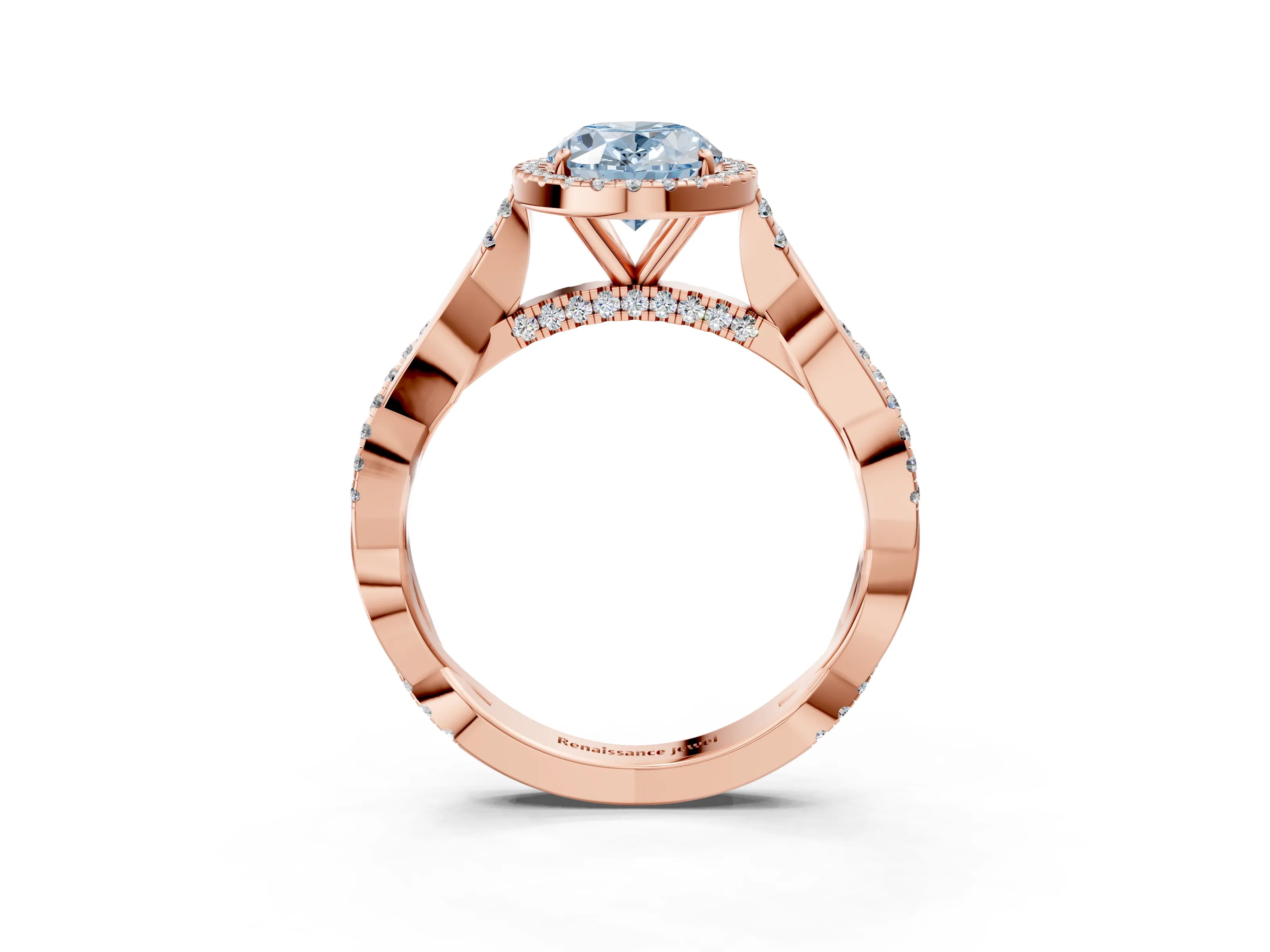 Rose gold Fancy Blue Oval Cut Halo Twist Band with Four-Prong Setting_15