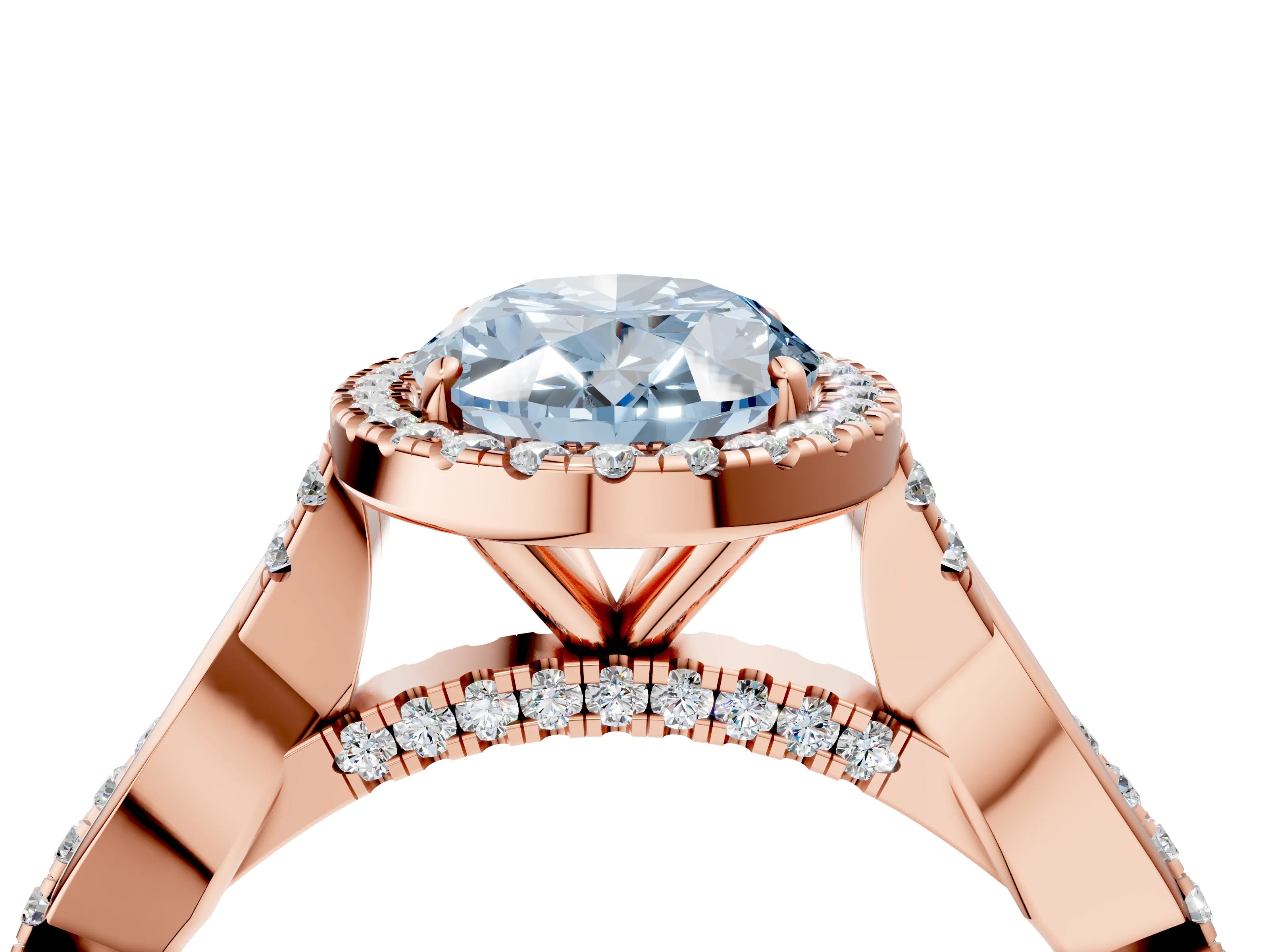 Rose gold Fancy Blue Oval Cut Halo Twist Band with Four-Prong Setting_16