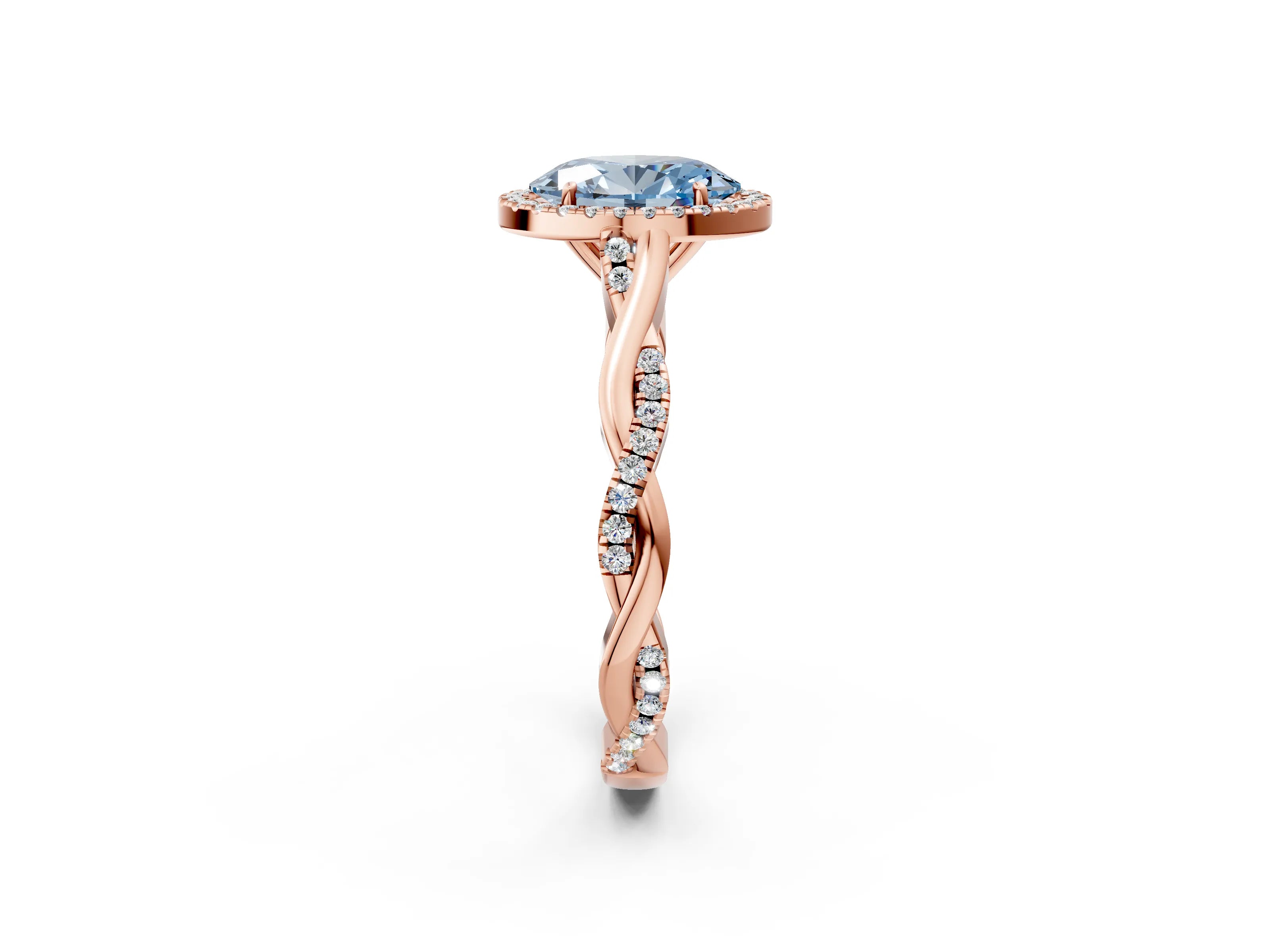 Rose gold Fancy Blue Oval Cut Halo Twist Band with Four-Prong Setting_2
