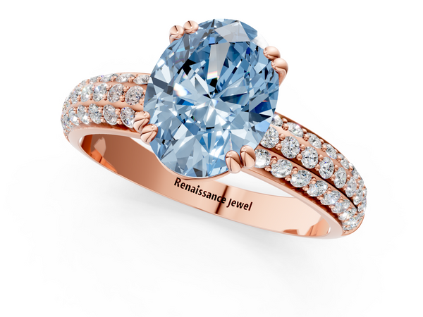 Rose gold Fancy Blue Oval  Cut Pave Diamond Engagement Ring with Channel Set Band and Four-Prong Setting