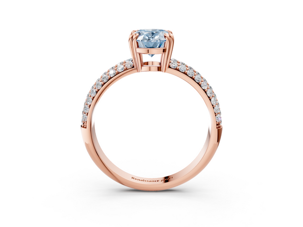 Rose gold Fancy Blue Oval  Cut Pave Diamond Engagement Ring with Channel Set Band and Four-Prong Setting