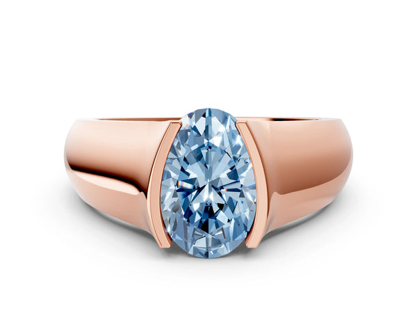 Rose gold Fancy Blue Oval Cut Solitaire Bezel Set Diamond Ring with Wide Band