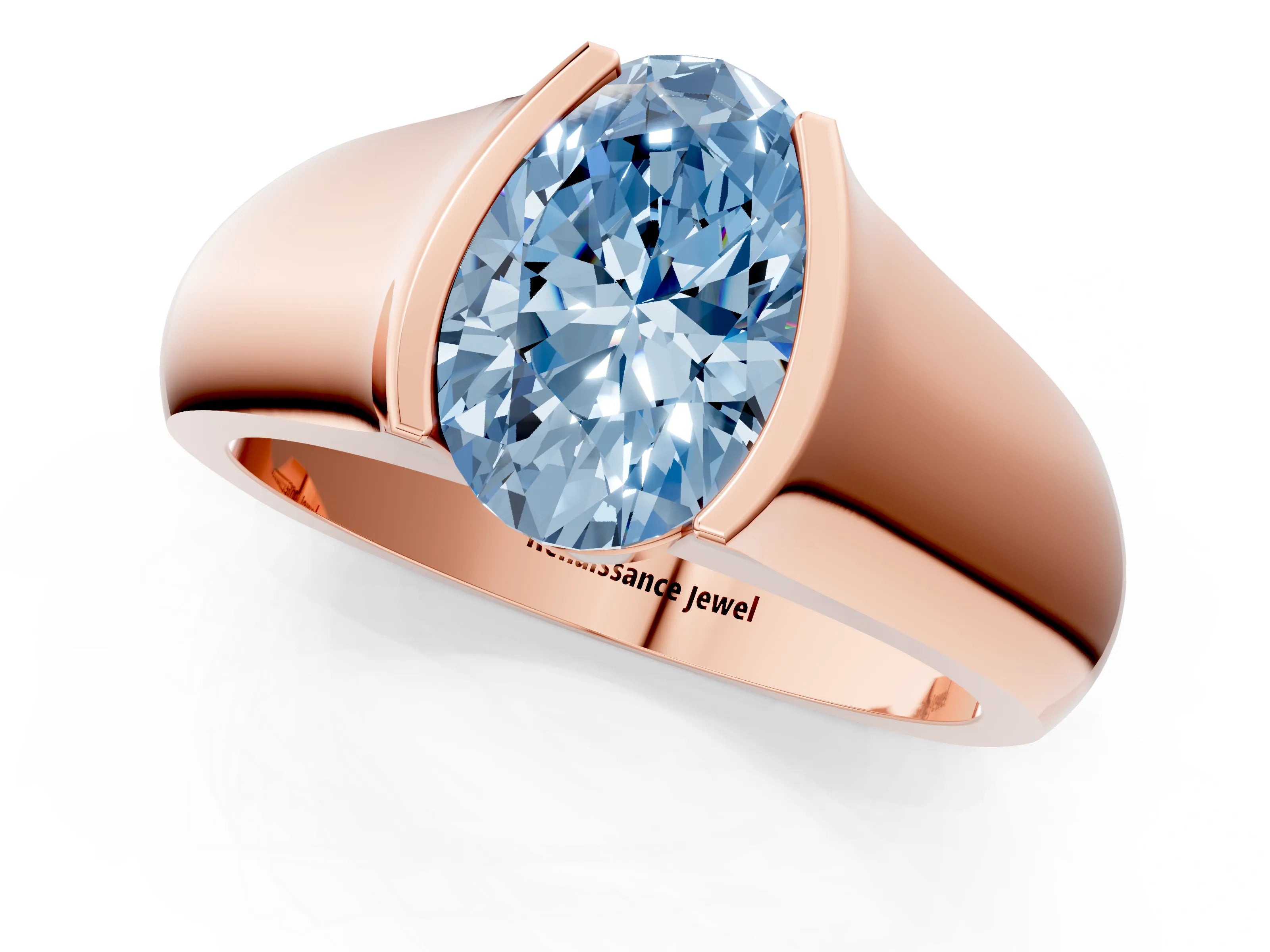 Rose gold Fancy Blue Oval Cut Solitaire Bezel Set Diamond Ring with Wide Band_1