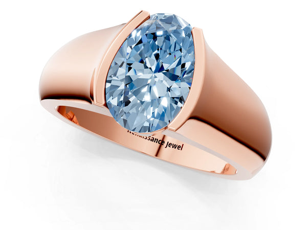 Rose gold Fancy Blue Oval Cut Solitaire Bezel Set Diamond Ring with Wide Band