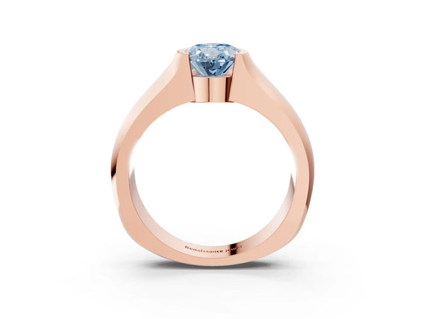 Rose gold Fancy Blue Oval Cut Solitaire Bezel Set Diamond Ring with Wide Band