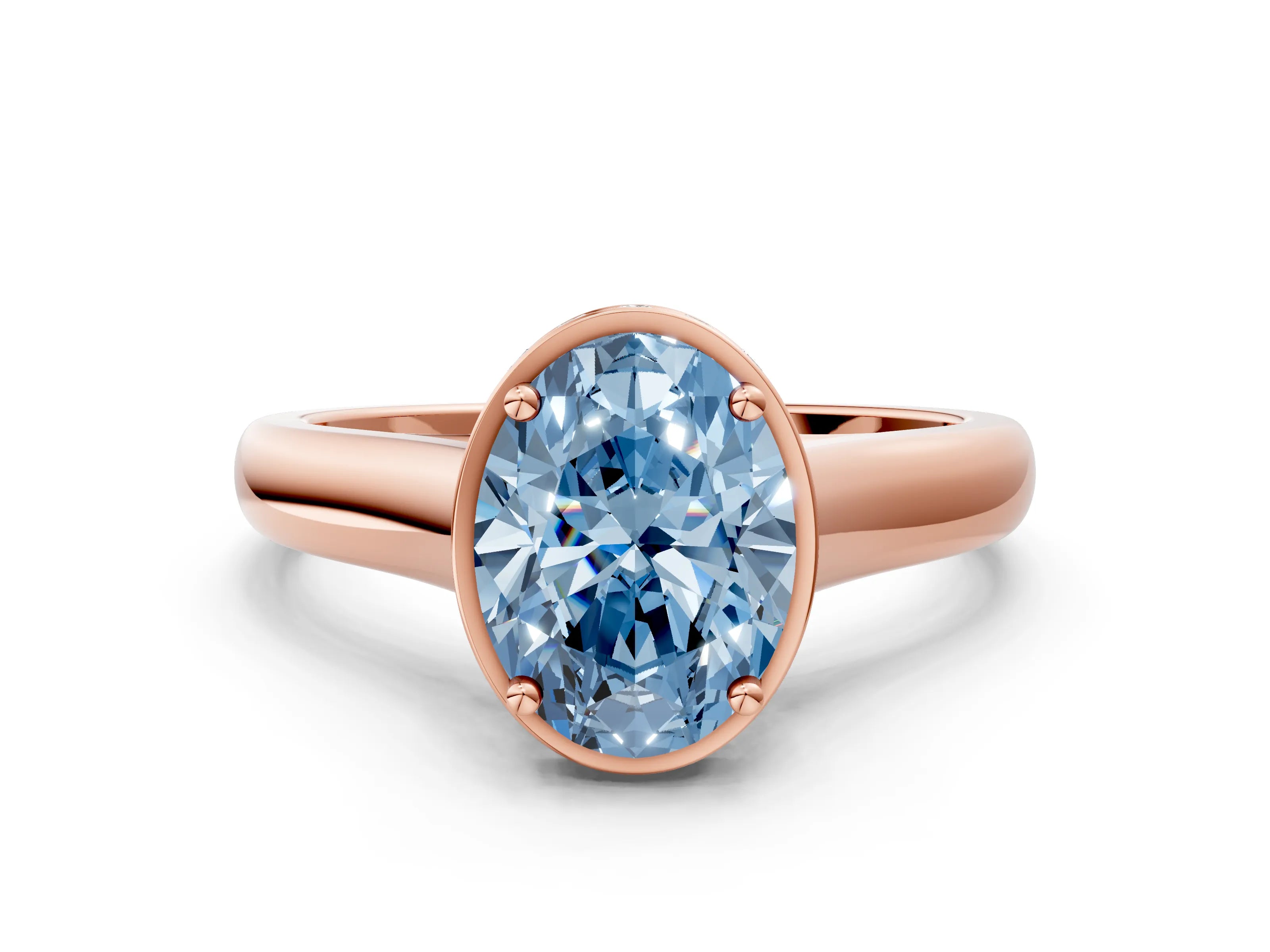 Rose gold Fancy Blue Oval Cut Solitaire Diamond Engagement Ring with Four-Prong Setting and Tapered Band