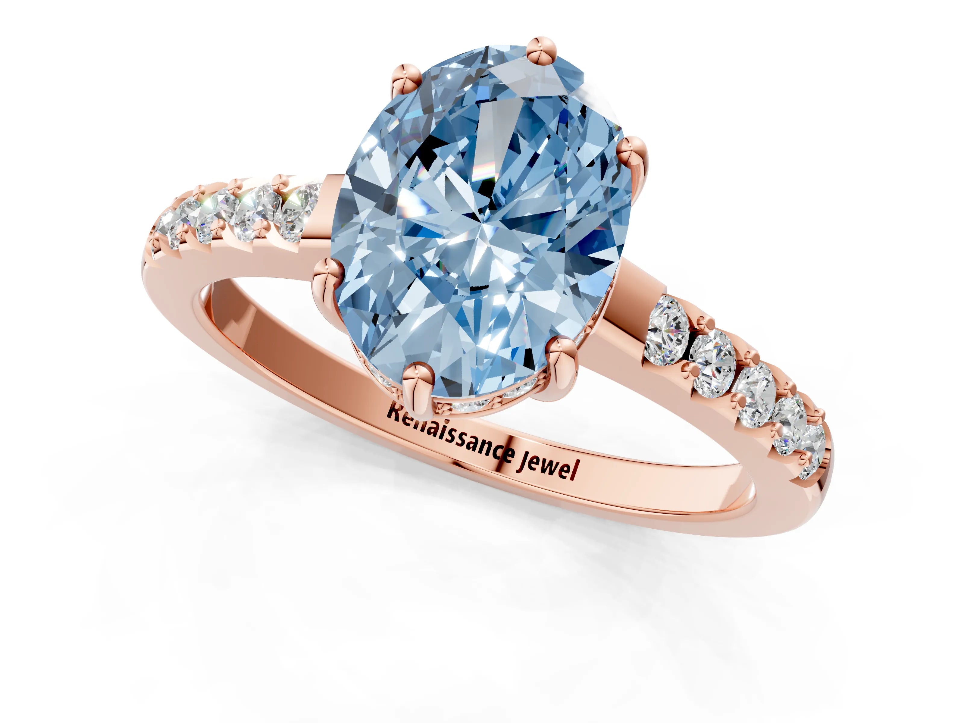 Rose gold Fancy Blue Oval Cut Solitaire Diamond Engagement Ring with Pavé Band and Six-Prong Setting_13