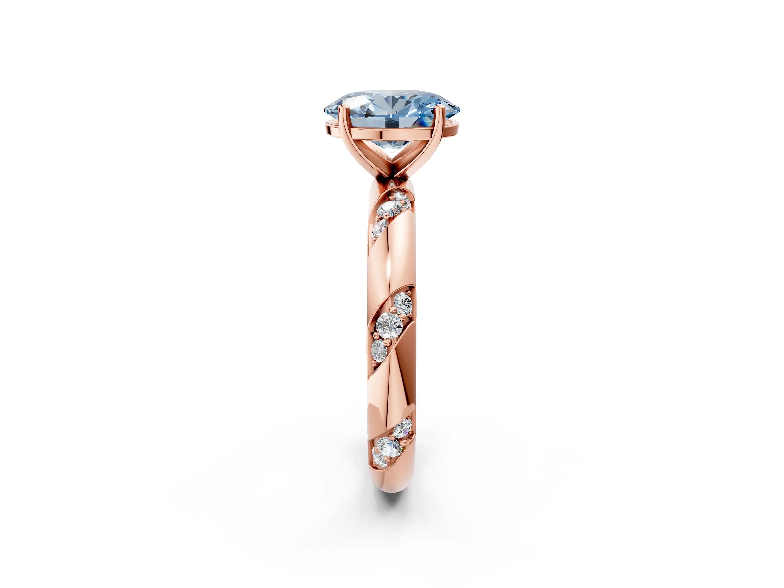 Rose gold Fancy Blue Oval Cut Solitaire Diamond Engagement Ring with Twisted Pave Band and Four-Prong Setting_5