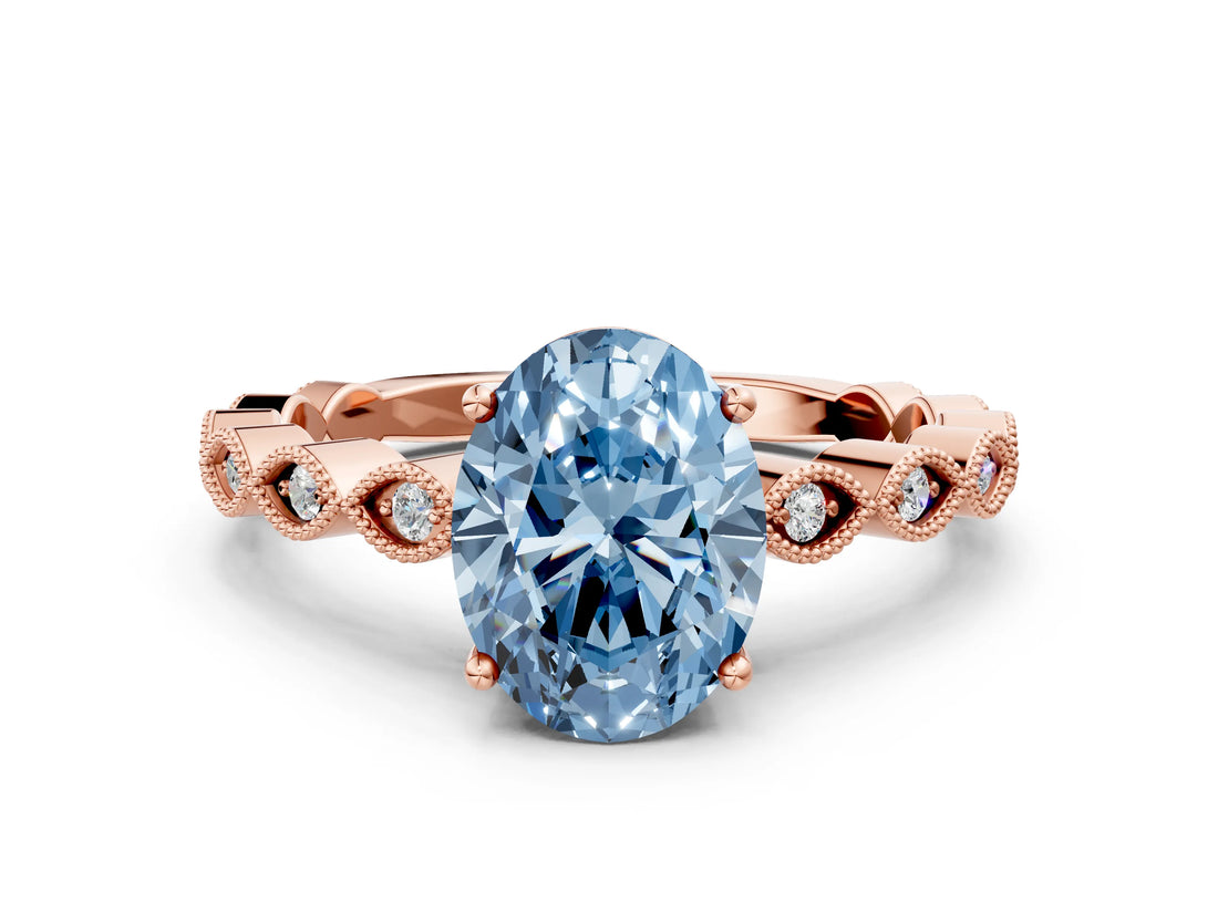 Rose gold Fancy Blue Oval Cut Solitaire Diamond Ring with Infinity Twist Band and Four-Prong Setting