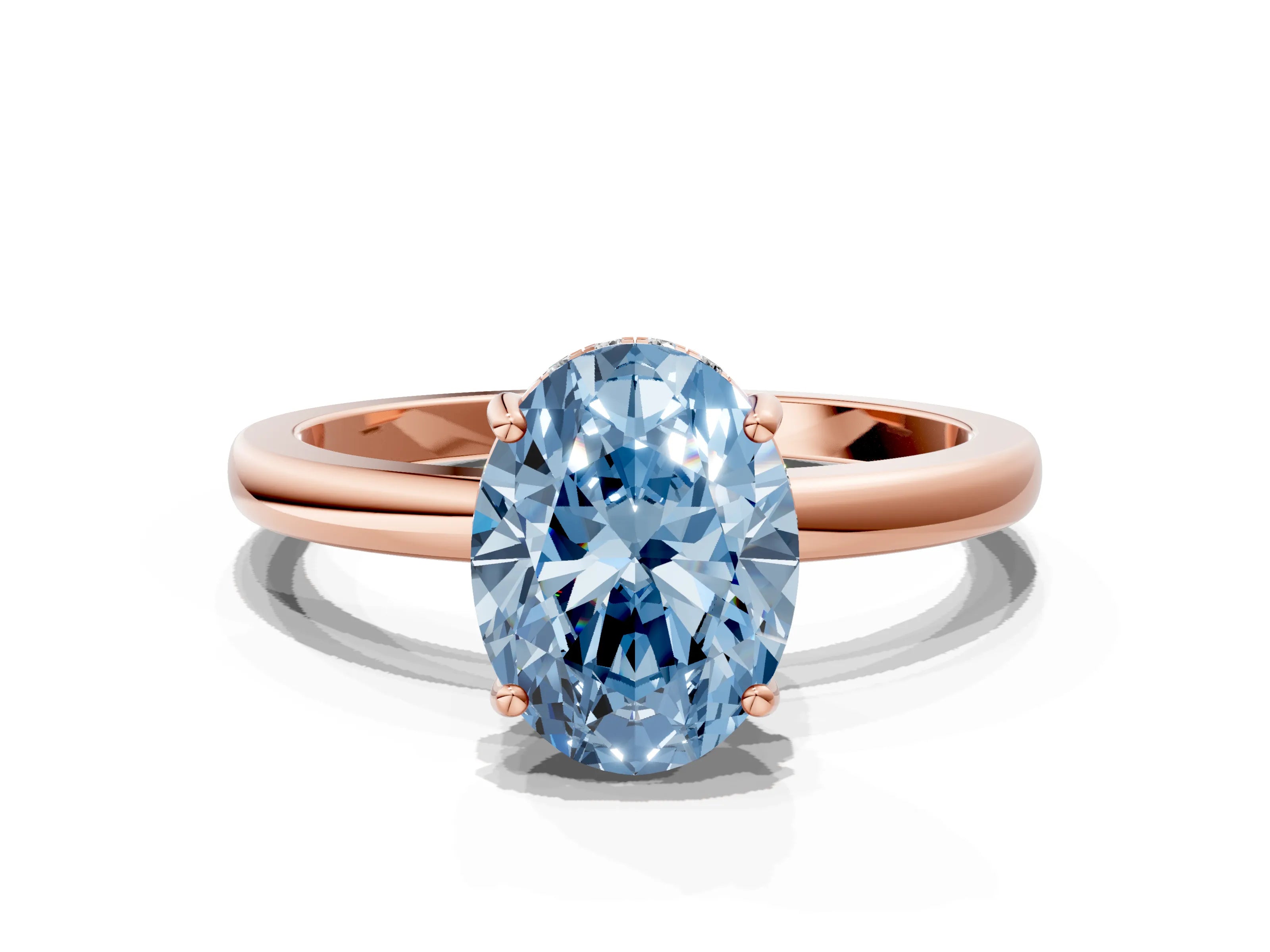 Rose gold Fancy Blue Oval Cut Solitaire Diamond Ring with Prong Setting and Plain Band