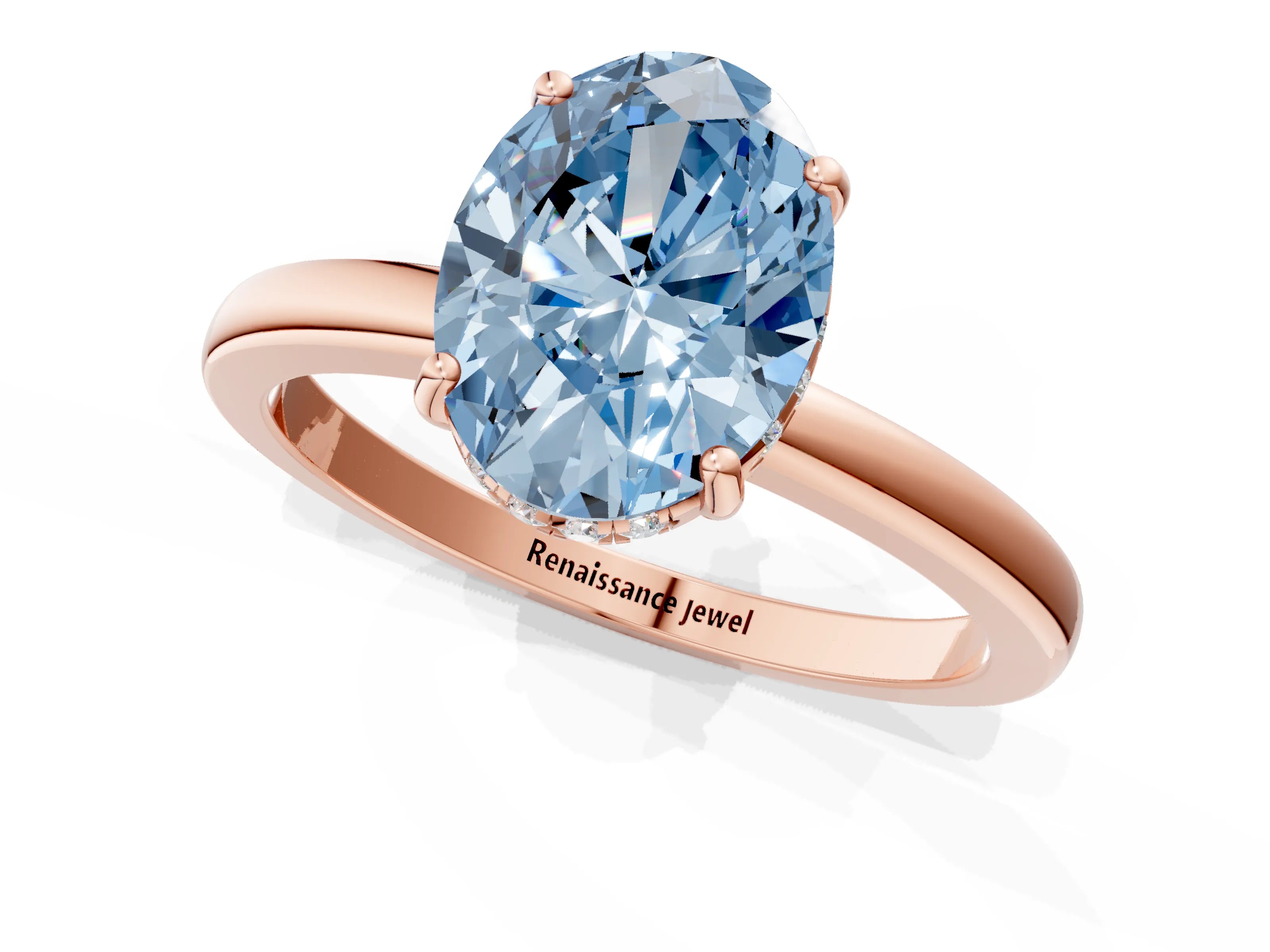 Rose gold Fancy Blue Oval Cut Solitaire Diamond Ring with Prong Setting and Plain Band_1