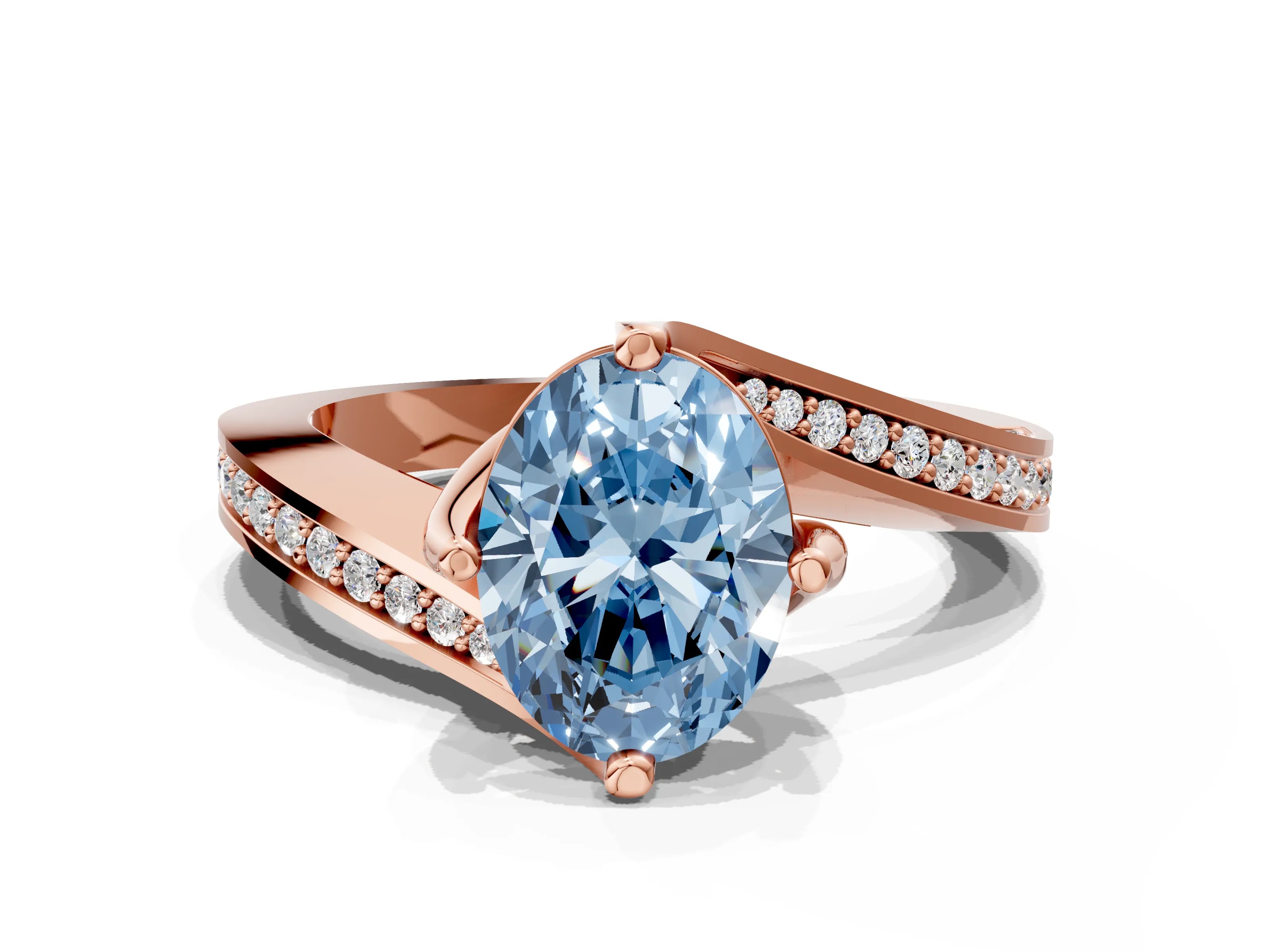 Rose gold Fancy Blue Oval Cut Solitaire Diamond Twist Band with Pavé Setting and Four-Prong Setting