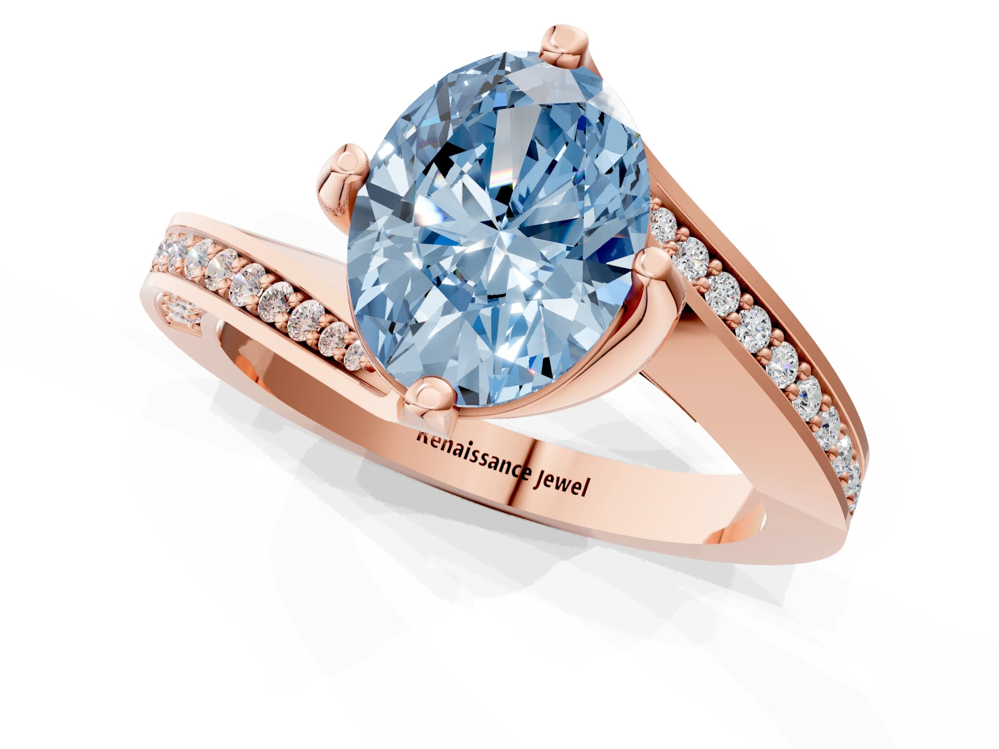 Rose gold Fancy Blue Oval Cut Solitaire Diamond Twist Band with Pavé Setting and Four-Prong Setting_1