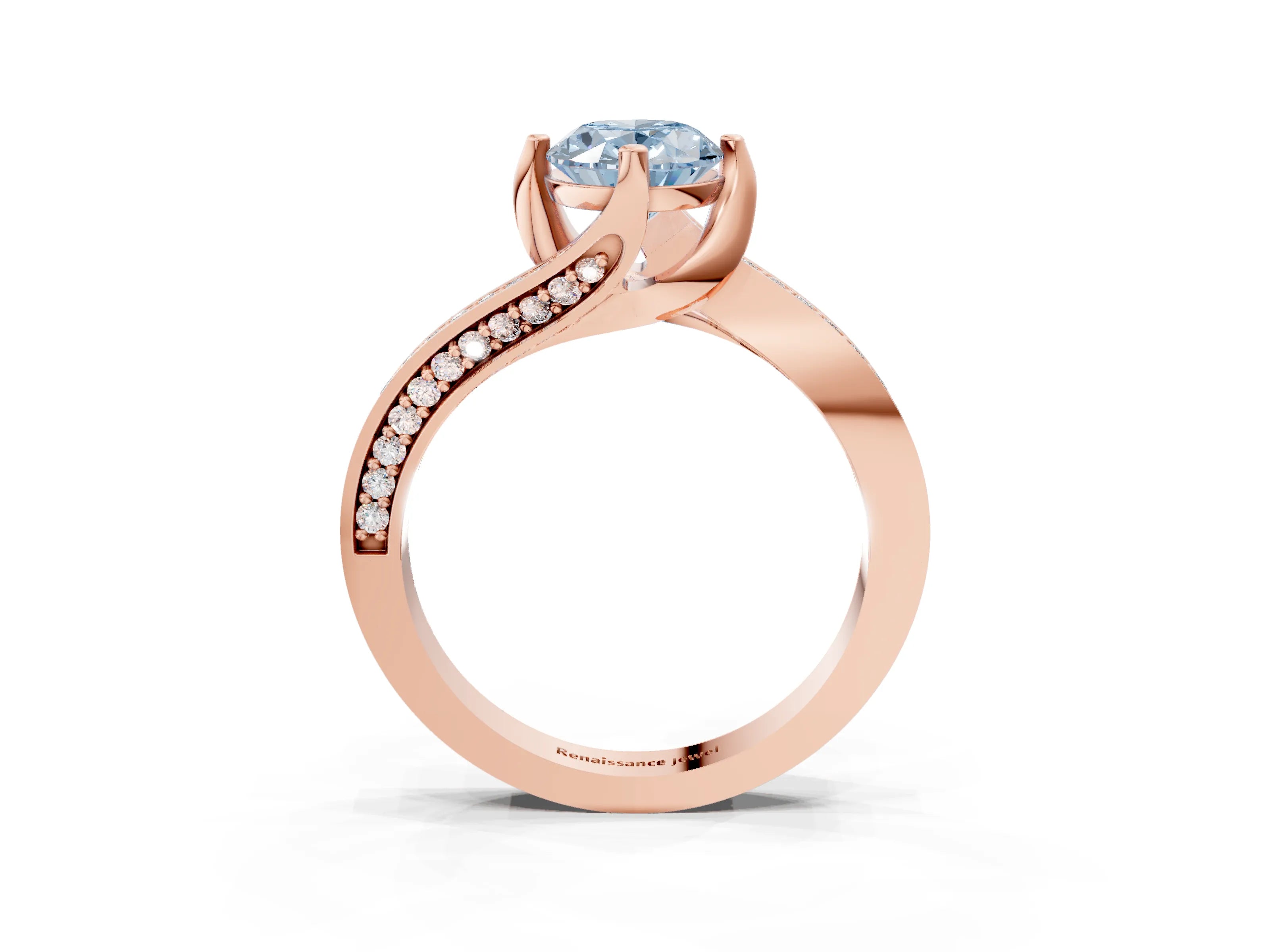 Rose gold Fancy Blue Oval Cut Solitaire Diamond Twist Band with Pavé Setting and Four-Prong Setting_3
