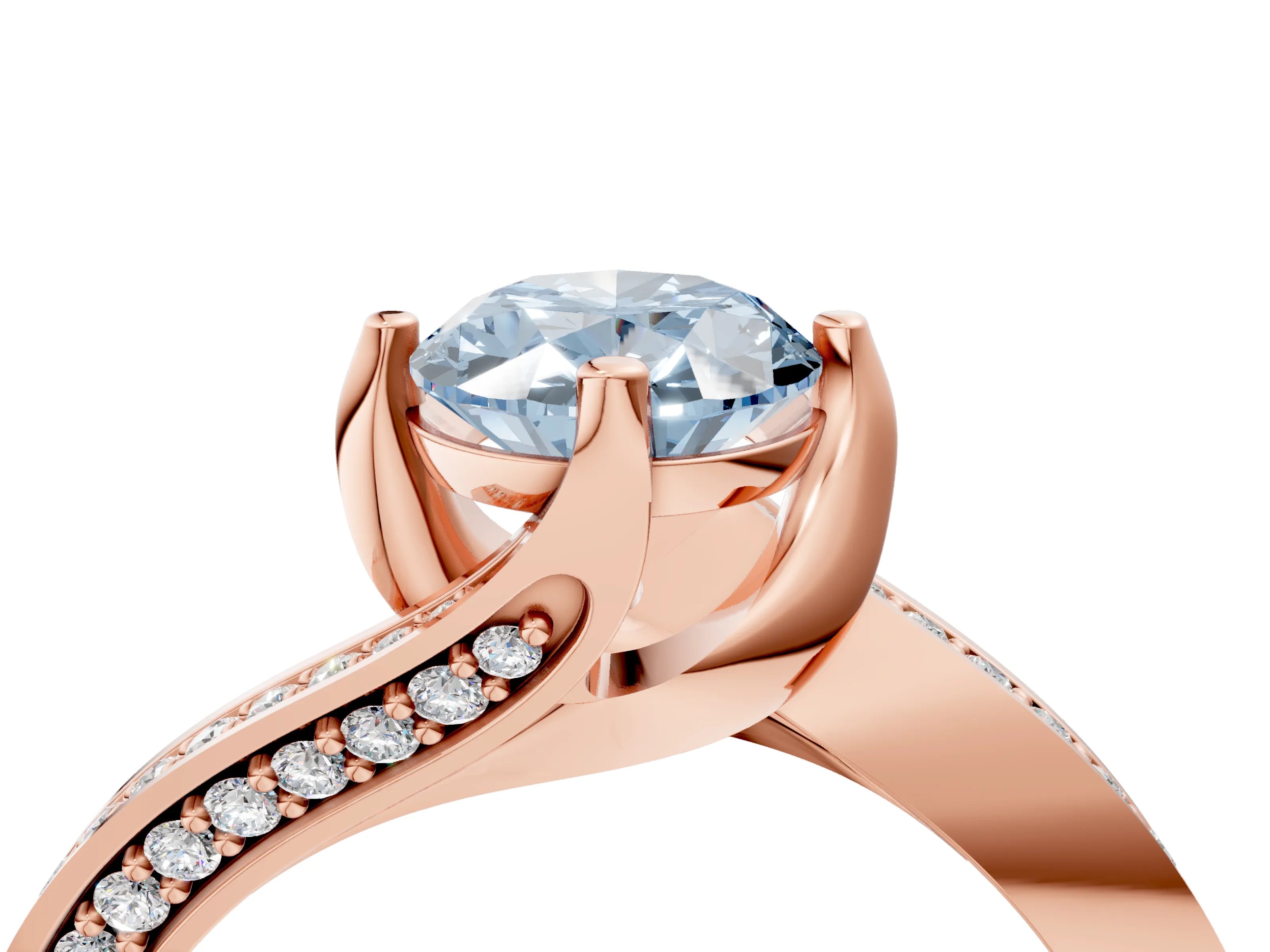 Rose gold Fancy Blue Oval Cut Solitaire Diamond Twist Band with Pavé Setting and Four-Prong Setting_4