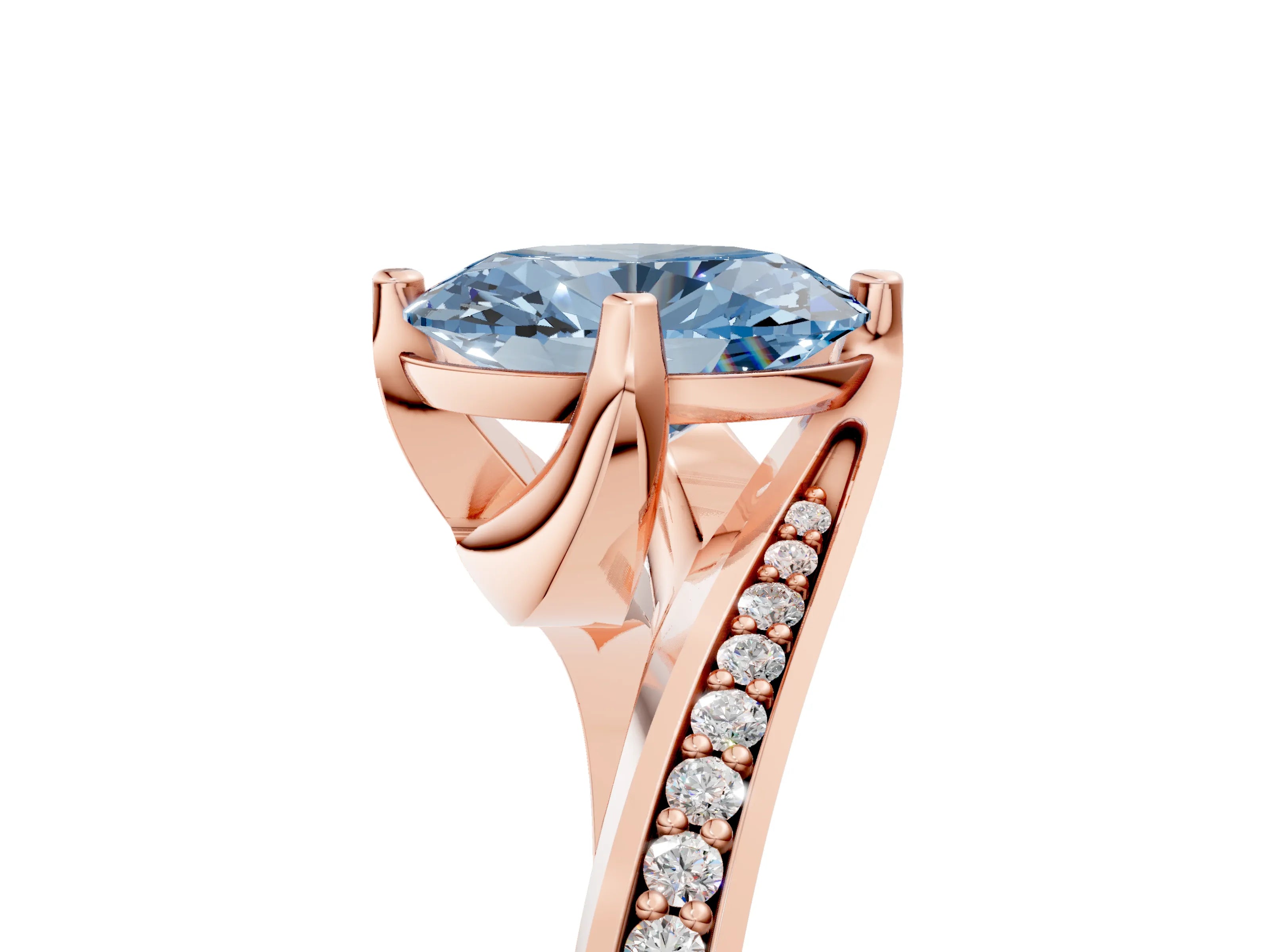 Rose gold Fancy Blue Oval Cut Solitaire Diamond Twist Band with Pavé Setting and Four-Prong Setting_5