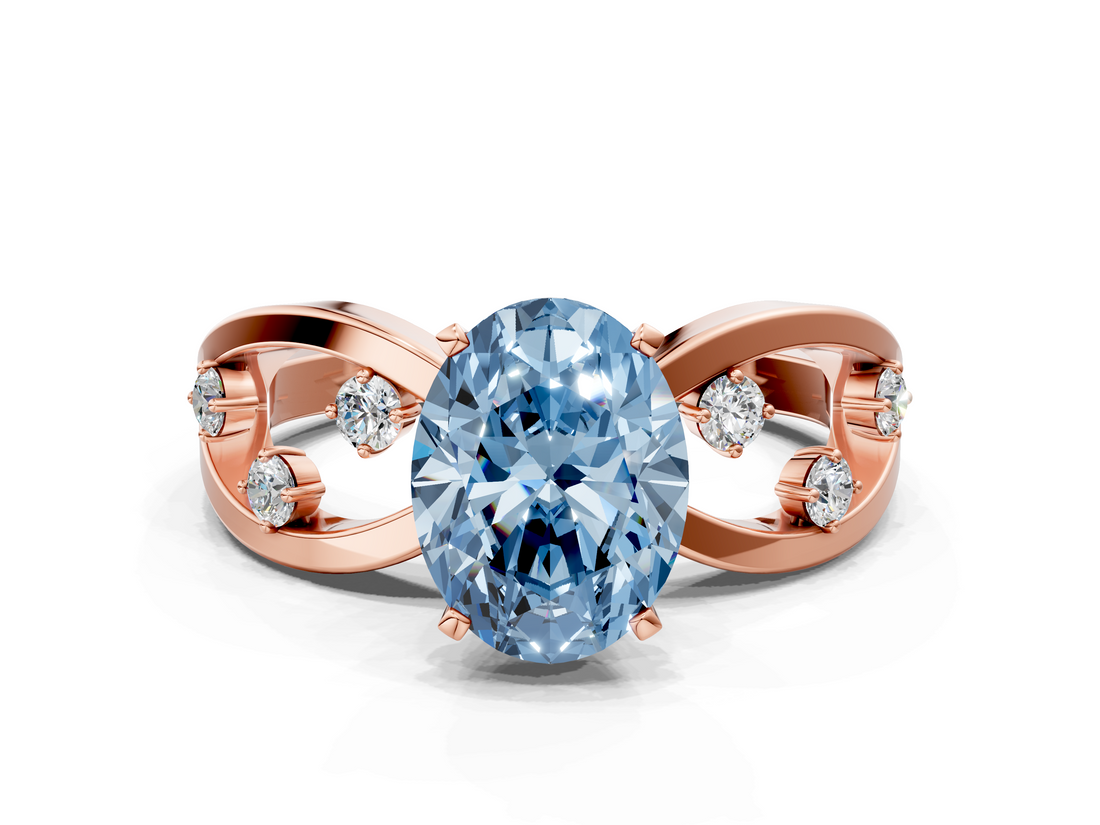 Rose gold Fancy Blue Oval  Cut Solitaire Diamond with Side Stones on Criss-Cross Band and Four-Prong Setting_3