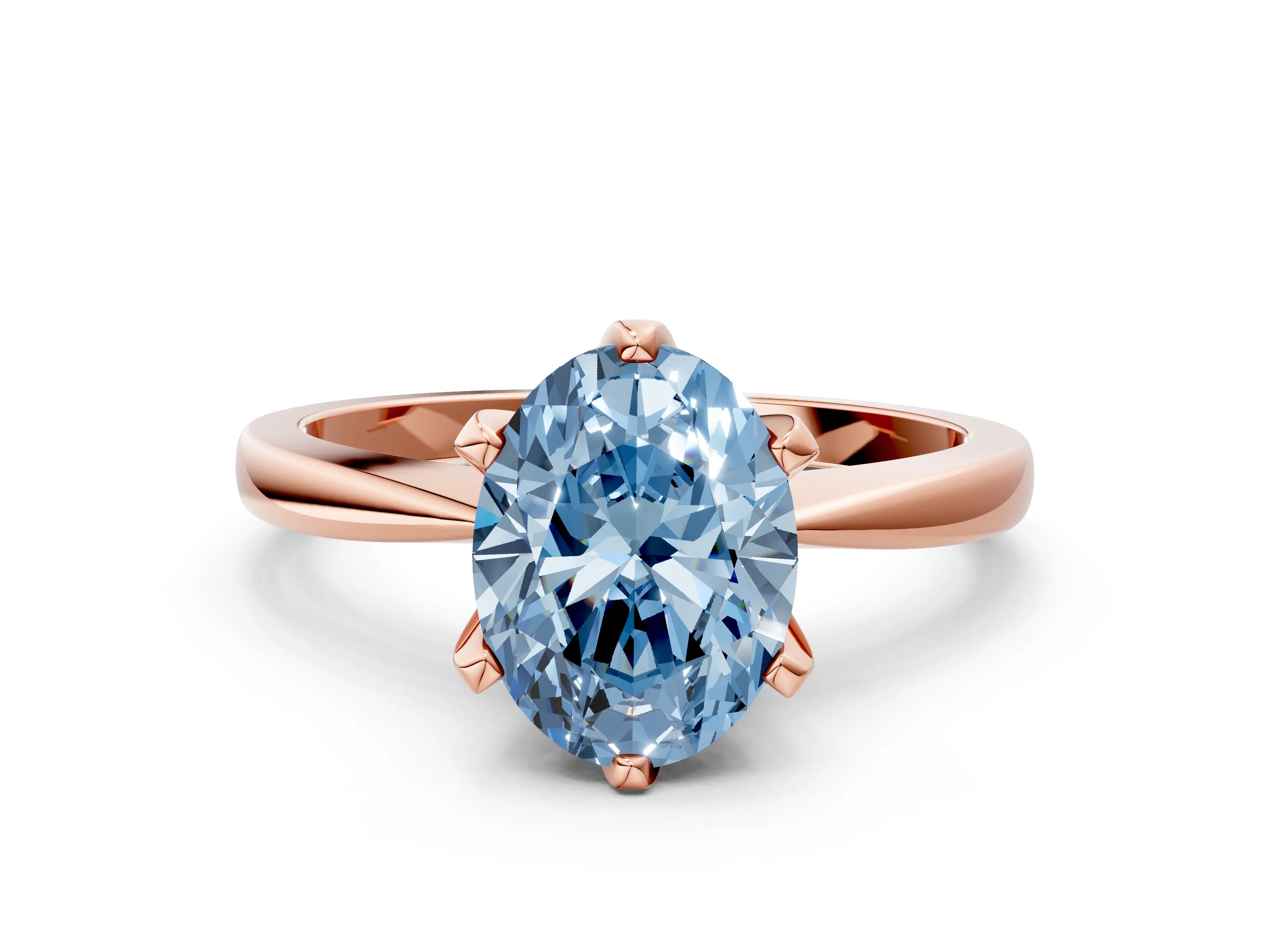 Rose gold Fancy Blue Oval Cut Solitaire Engagement Ring with Six-Prong Setting and Tapered Band