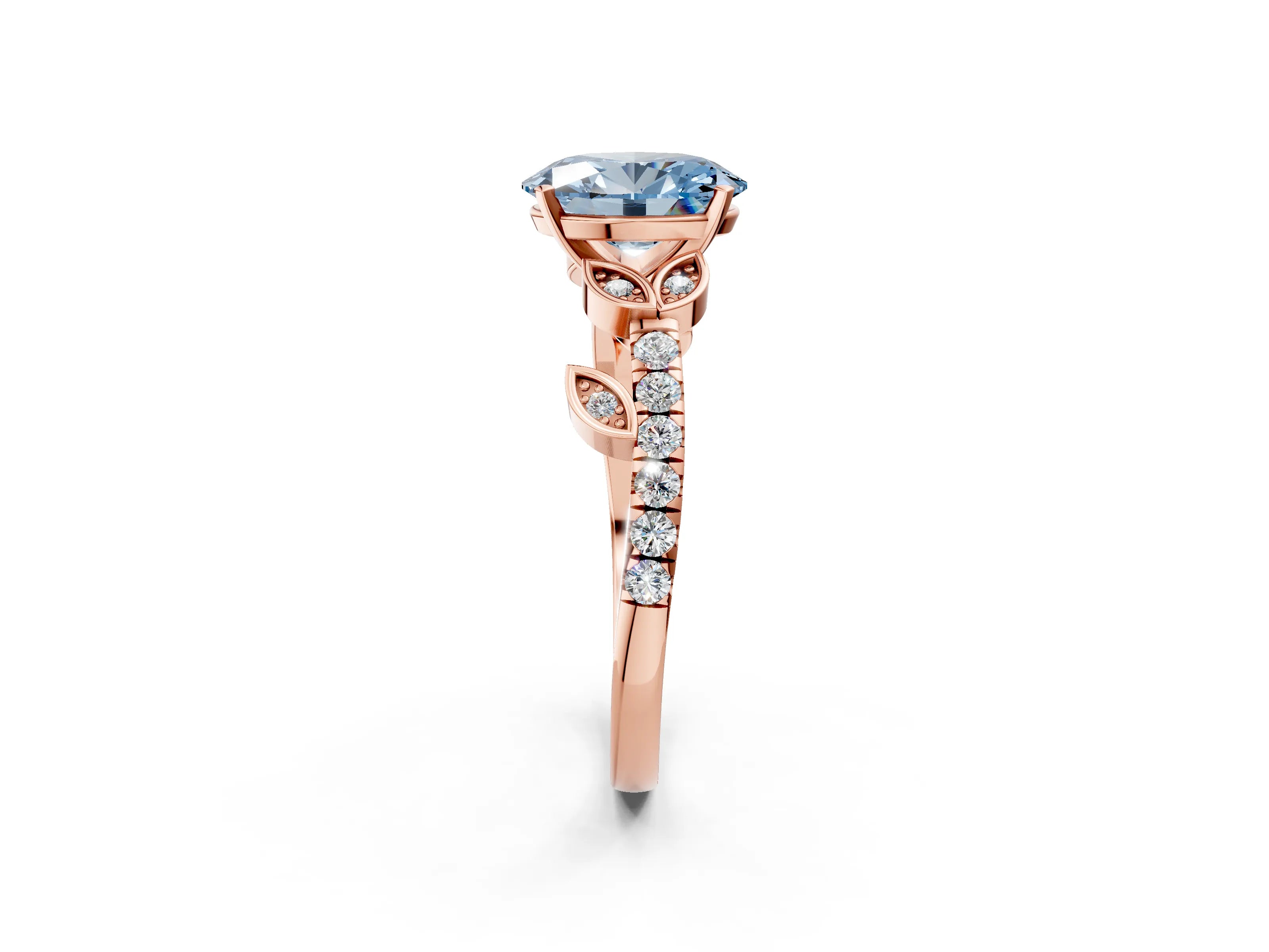 Rose gold Fancy Blue Oval Cut Solitaire Leaf-Inspired Diamond Ring with Pavé Band and Four-Prong Setting_2
